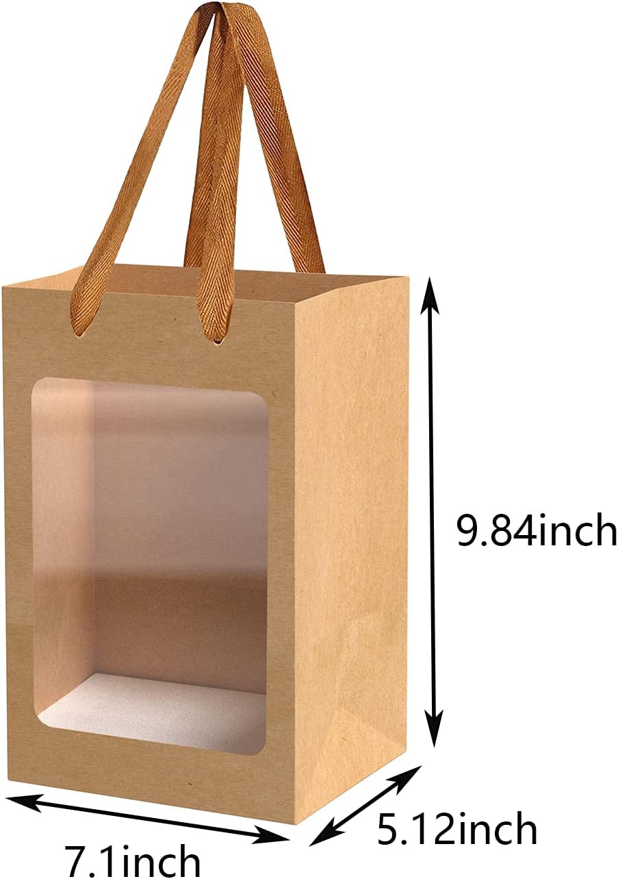 24 Pcs Brown Paper Gift Bags with Transparent Window, 9.84&#x22;x7.0&#x22;x5.12&#x22; Kraft Shopping Bags with Handles for Present, Festivals Party