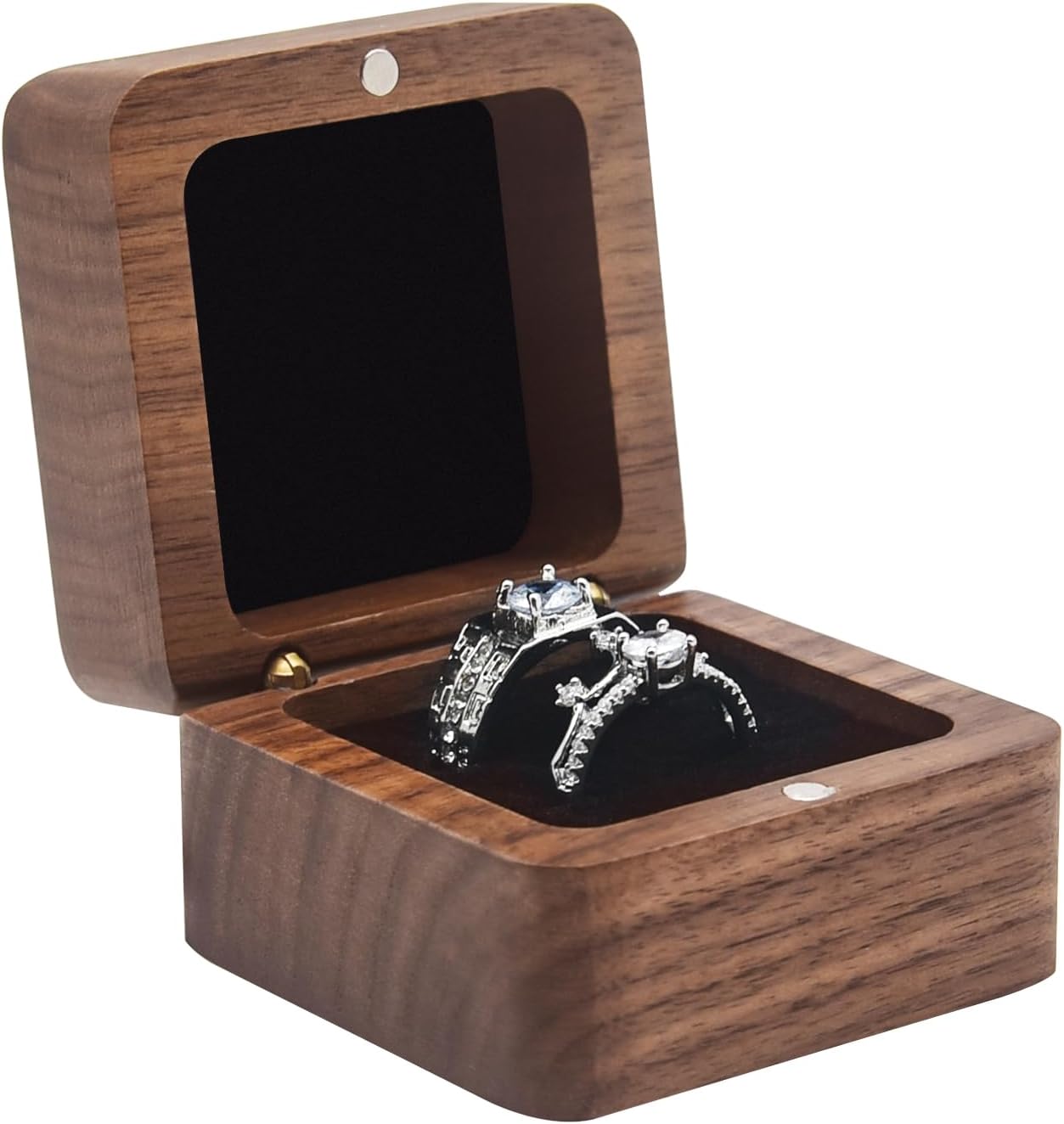 Wooden Ring Box for Wedding Ceremony 2 Slots,Small Square Solid Wood Double Ring Holder Case Box,Vintage Ring Bearer Box for Engagement Proposal,Rustic Jewelry Gift Storage Box-Black