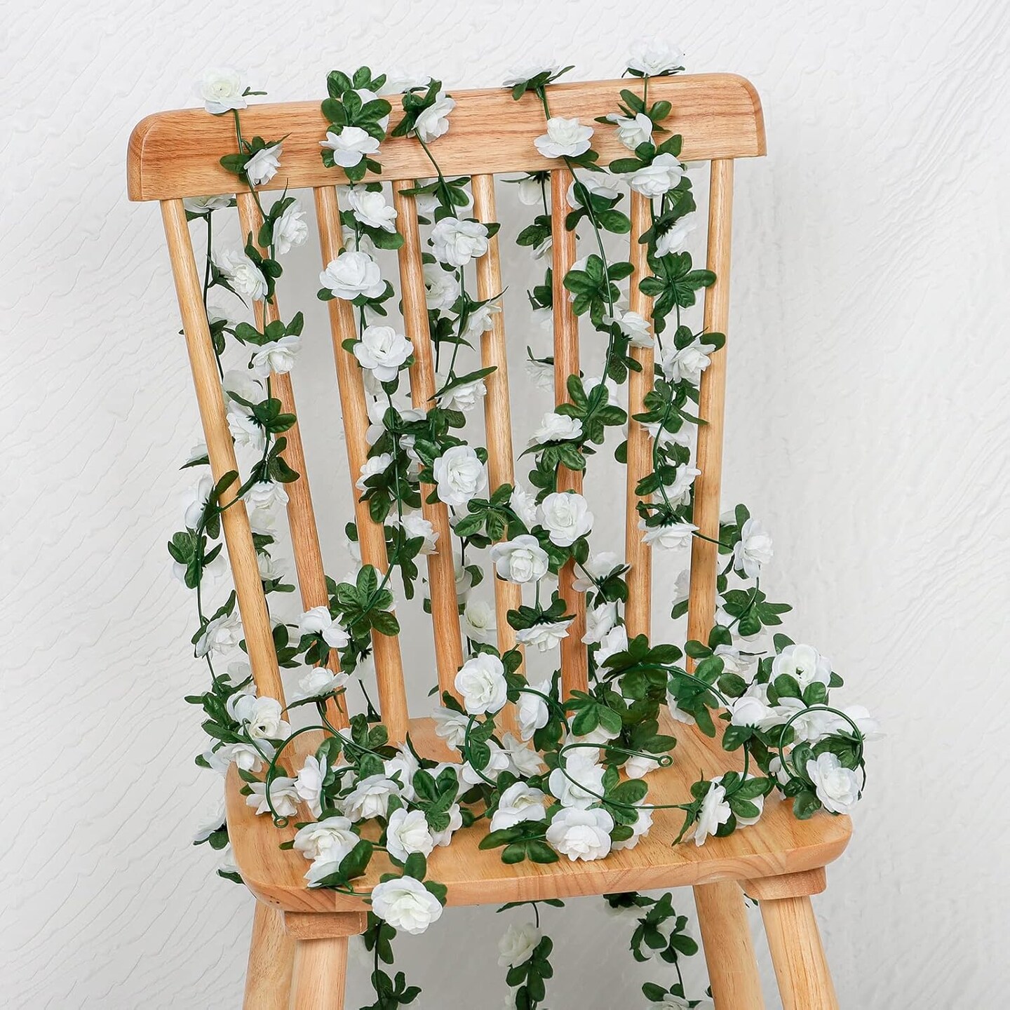 Artificial Flower Garland, Fake White Roses Vines Silk Flowers Faux Plastic Outdoor Hanging Floral Ivy Garland Decoration