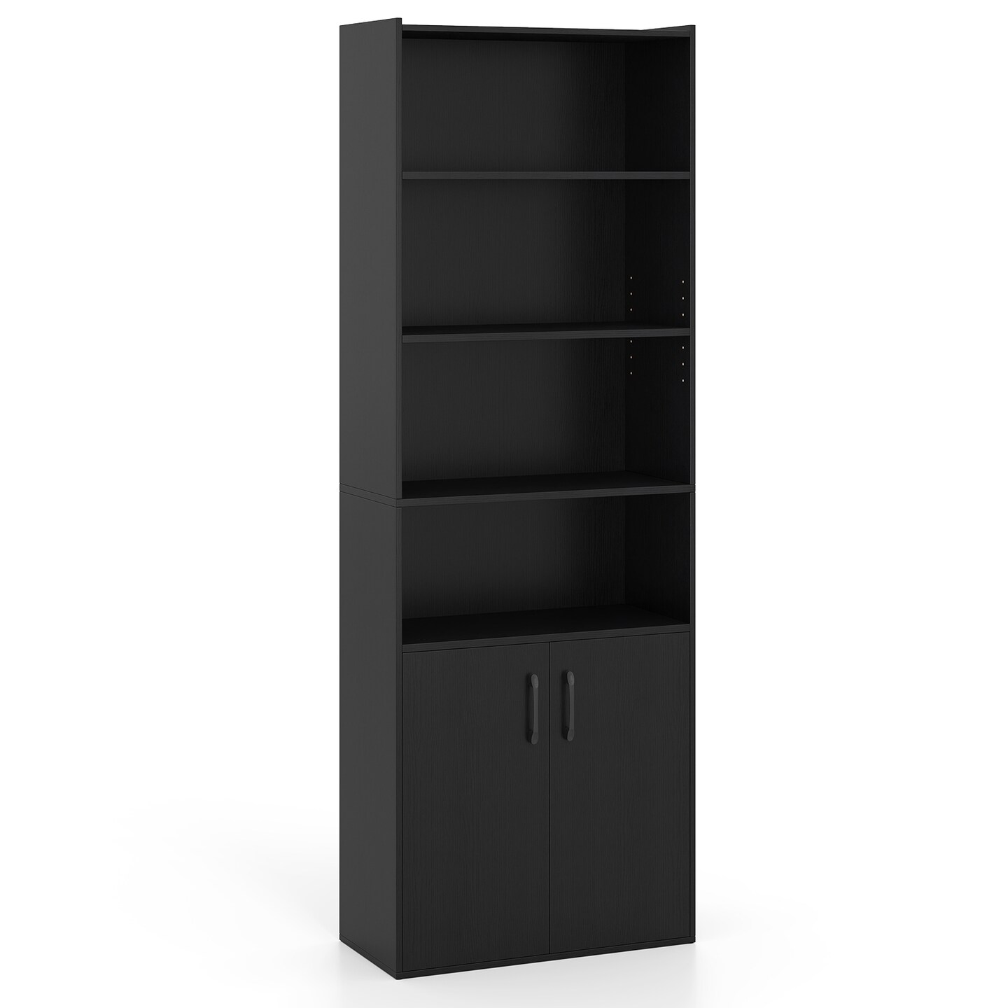 Tall Black Bookcase with Doors 6-Tier Storage Cabinet with Adjustable Shelves for Home Office