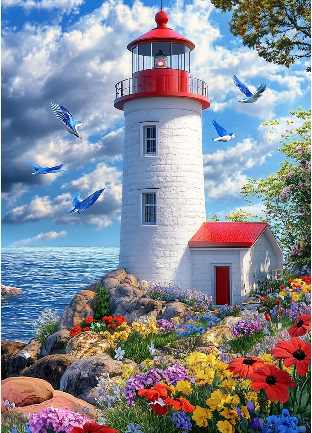 Diamond Art Paintings Kits for Adults,Lighthouse Diamond Art Kits for Adults,12x16 Inch DIY Diamond Art Paintings Kits Seaside Flowers and Seagulls,Diamond Art Painting Set