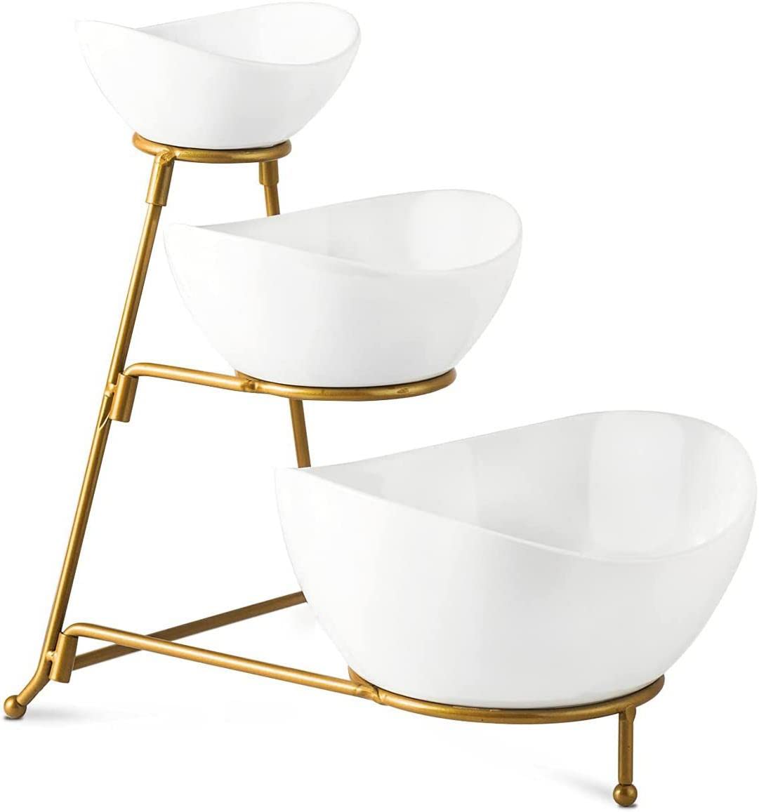 3 Tiered Oval Serving Bowl With Collapsible Metal Rack, Chip and Dip Serving Set, Dessert Appetizer, Candy, Fruit, Vegetable Bowl Set, White Serving Bowls For Entertaining(Gold Stand)