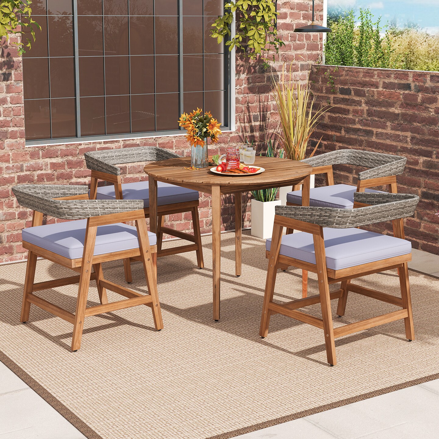 Outdoor Acacia Wood Patio Wicker Dining Chairs Set of 4 with Seat Cushion-Gray