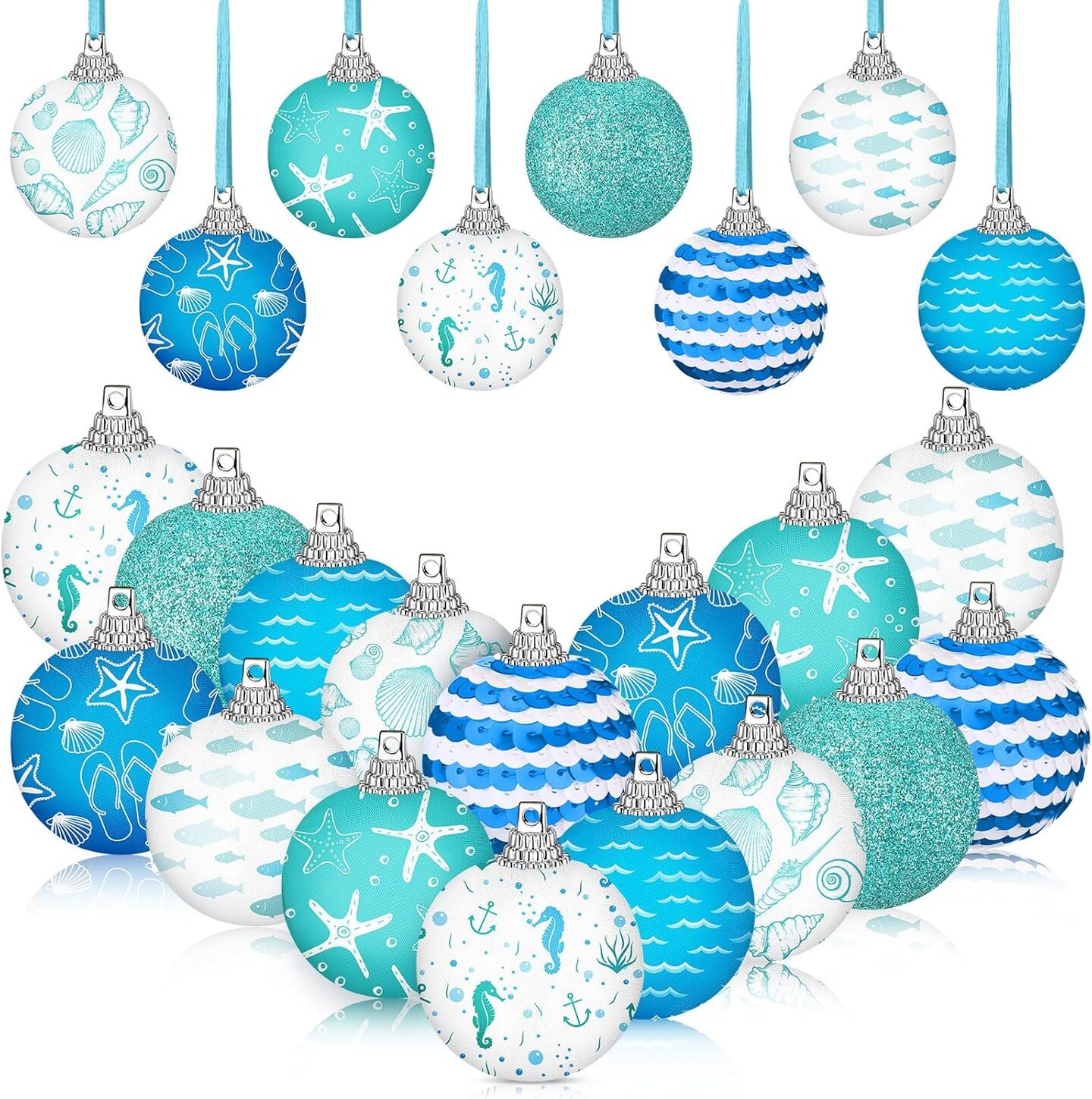 16 Pcs Summer Ornaments for Tree, 1.57 inch Beach Ocean Decorations Coastal Starfish Seashells Wave Hanging Ball Decor Blue Shiny Summer Ball Ornaments for Holiday Party Favor Decorative (Ocean)