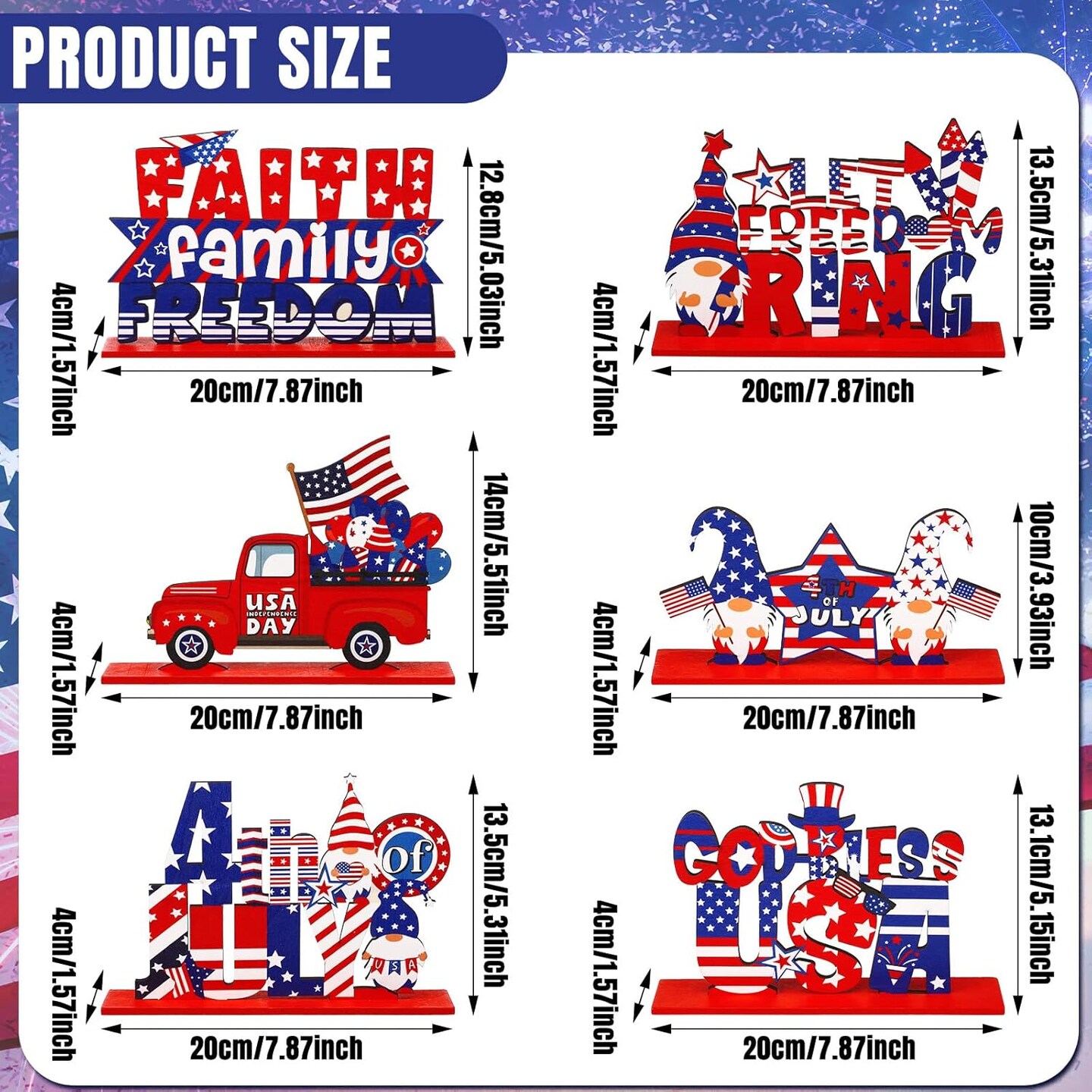 6-Piece Patriotic Table Decoration Set – Wooden 4th of July & Memorial Day Centerpieces with “God Bless America” Sign for Independence Day, Home, Office & Party Decor
