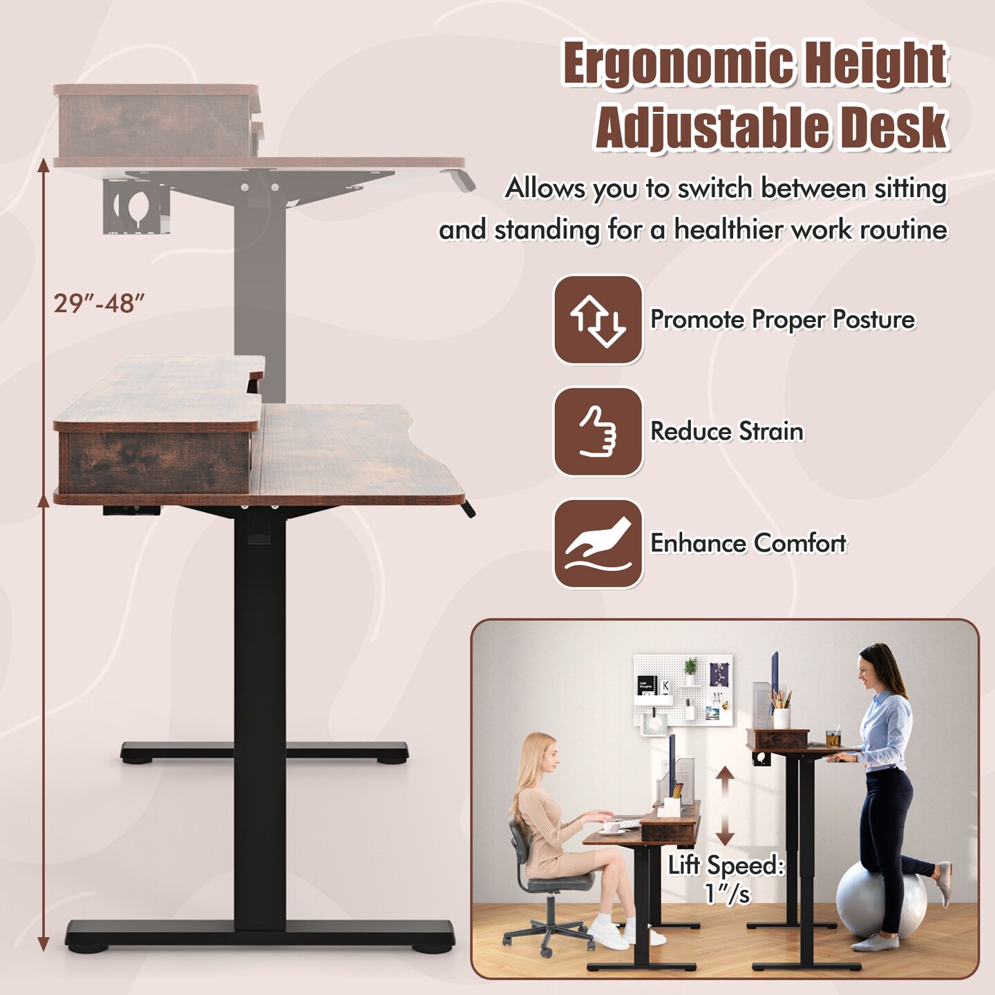 Electric Standing Desk with Adjustable Height, Drawers and Ergonomic Monitor Stand