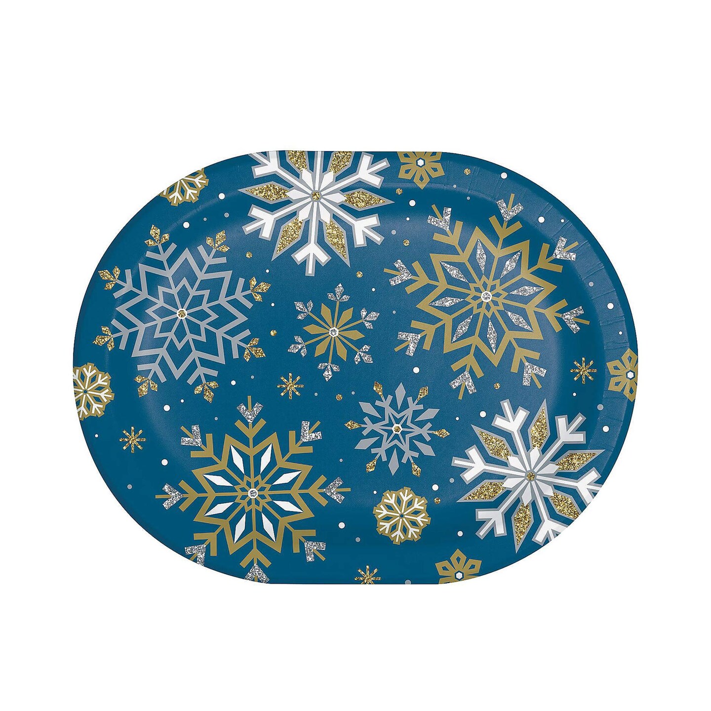 9.25&#x22;x12&#x22; Oval Blue Gold Snowflake Christmas Dinner Plates 24 Count