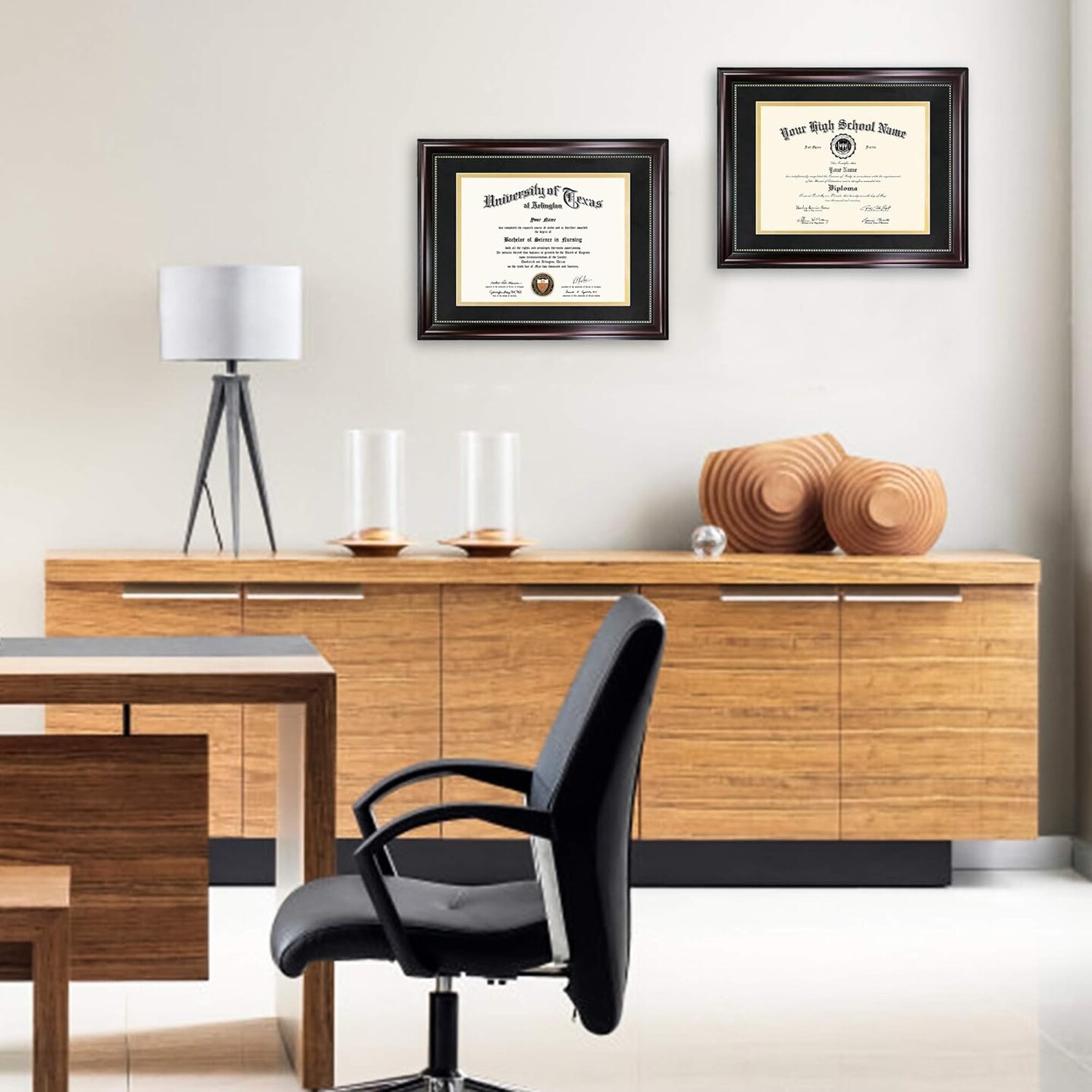 8.5x11 Diploma Frame with Black over Gold Mat or Display 11x14 Document without Mat, UV Protection Acrylic, Mahogany with Gold Beads