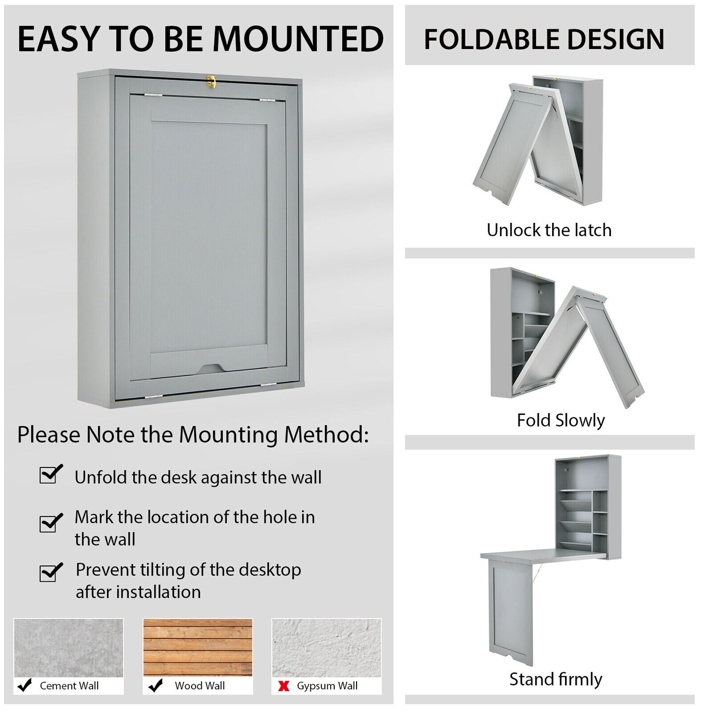 Wall Mounted Fold-Out Desk Space Saver Floating Desk with Adjustable Shelves