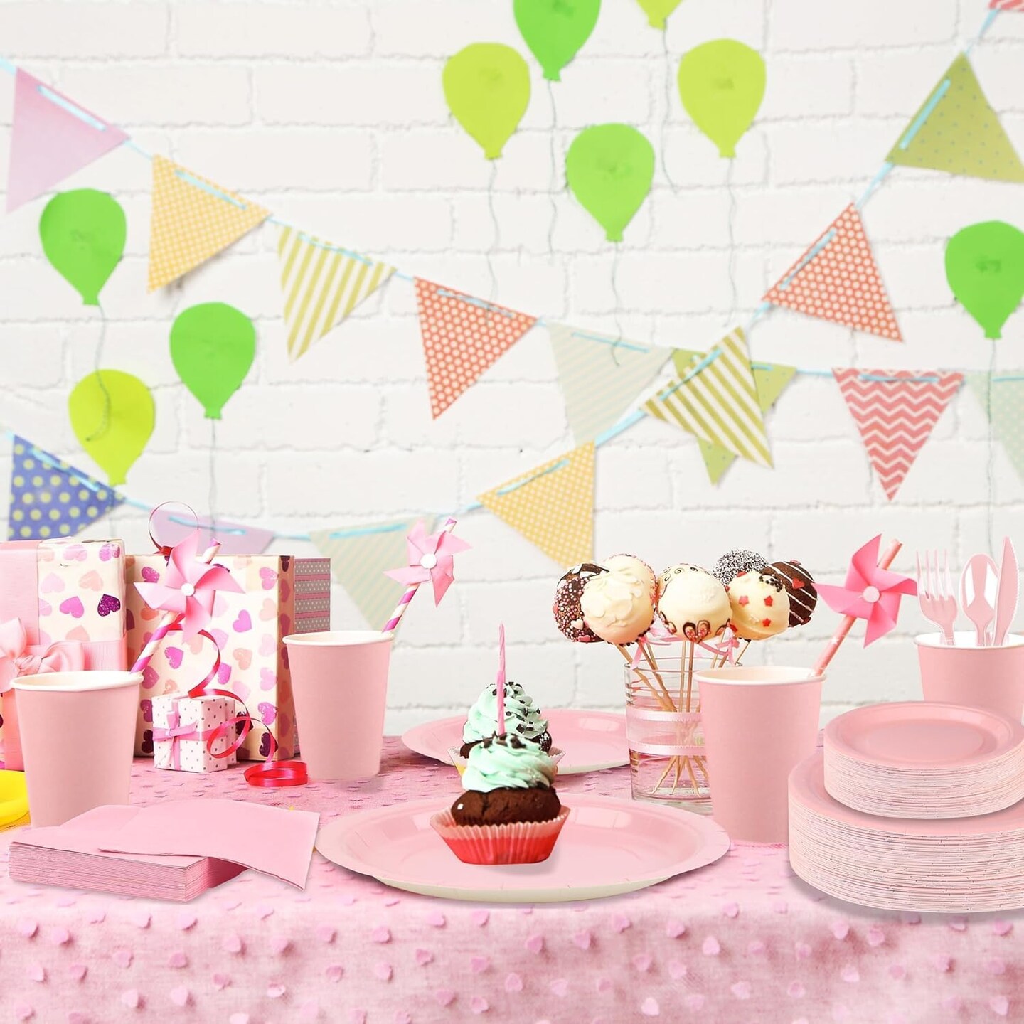 350 Pieces Pink Paper Dinnerware Set 7 Inch 9 Inch Disposable Dinner Plates Sever 50 Guests Paper Cup Cutlery Napkins Solid Color Party Supplies