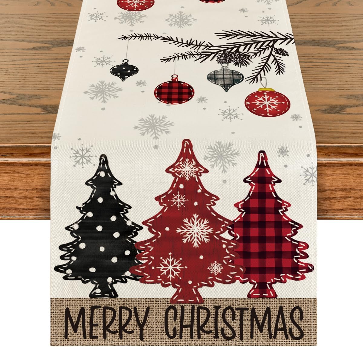 Red Pine Trees Merry Christmas Table Runner, Winter Xmas Holiday Kitchen Dining Table Decoration for Home Party Decor 13x72 Inch