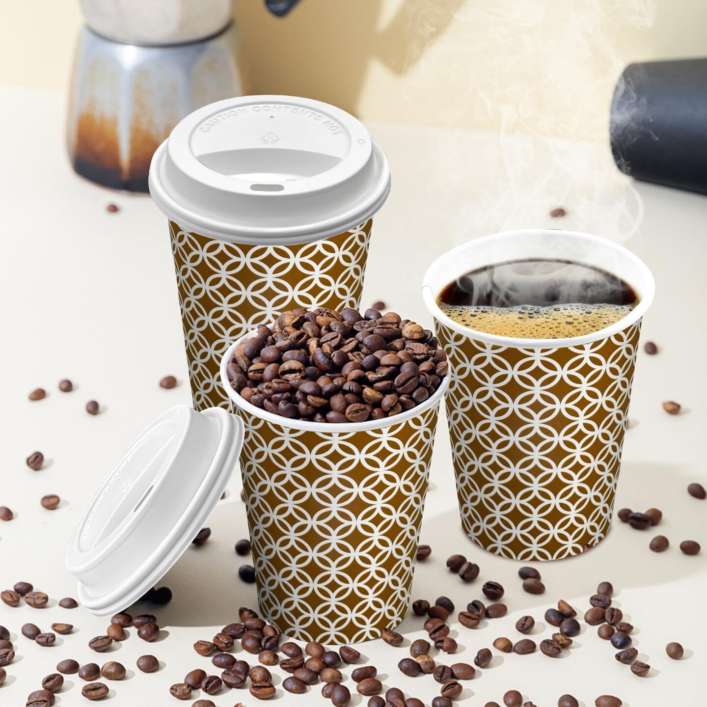 100 Pack Disposable Coffee Cups with Lids 12 oz, Minimalist Pattern To Go Paper Coffee Cups, Hot Chocolate CoCoa Cups Suitable for Travel, Party, Shops Cafes and Daily use