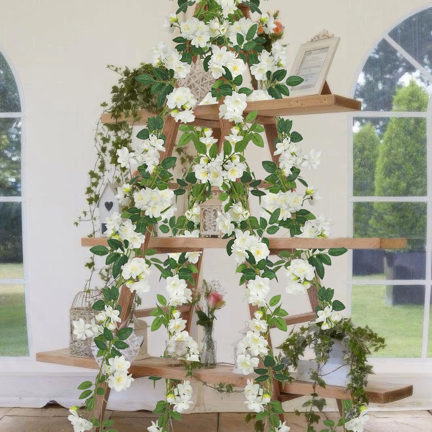 2 Pcs Artificial Flowers Garland for 0utdoors White Faux Gardenia Garland 12Ft Silk Rose Hanging Vines Floral for Wedding Arch Party Wall Garden Ceremony Backdrop Fence Spring Decor