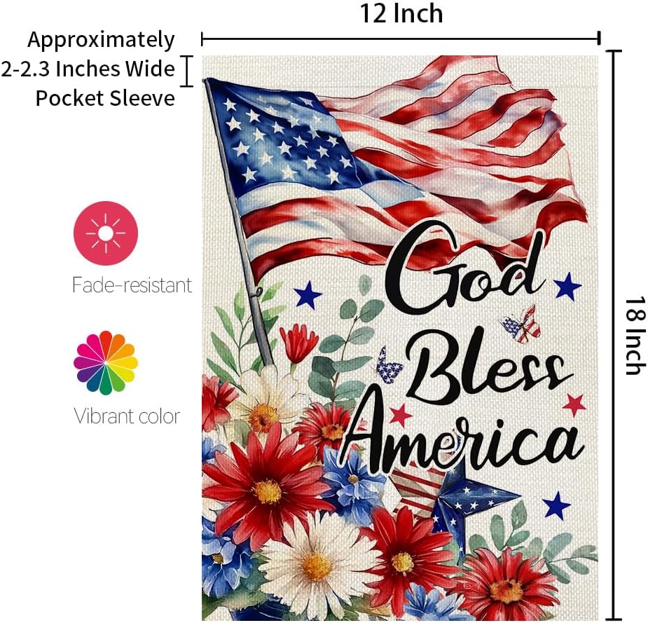 4th of July Floral Garden Flag God Bless America USA Double Sided 12x18 Inches for Outside Small Burlap Patriotic Independence Memorial Day Holiday Yard Decoration CF1776-12