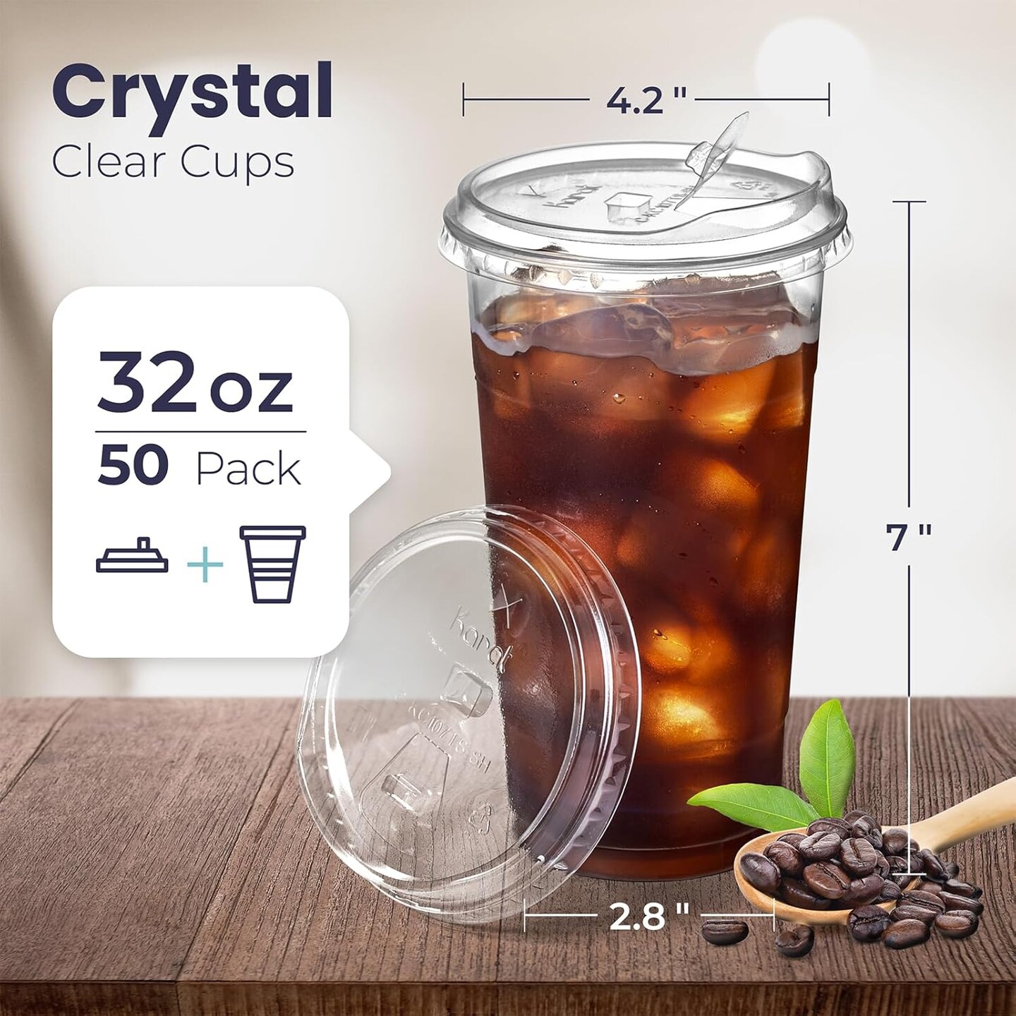 50 Pack 32 oz Clear Plastic Cups with Strawless Sip Lids, Disposable Plastic Coffee Cups with Lids, To Go Cups for Iced Coffee, Smoothies, Soda, Party Drinks, Bubble Tea, Cold Beverage