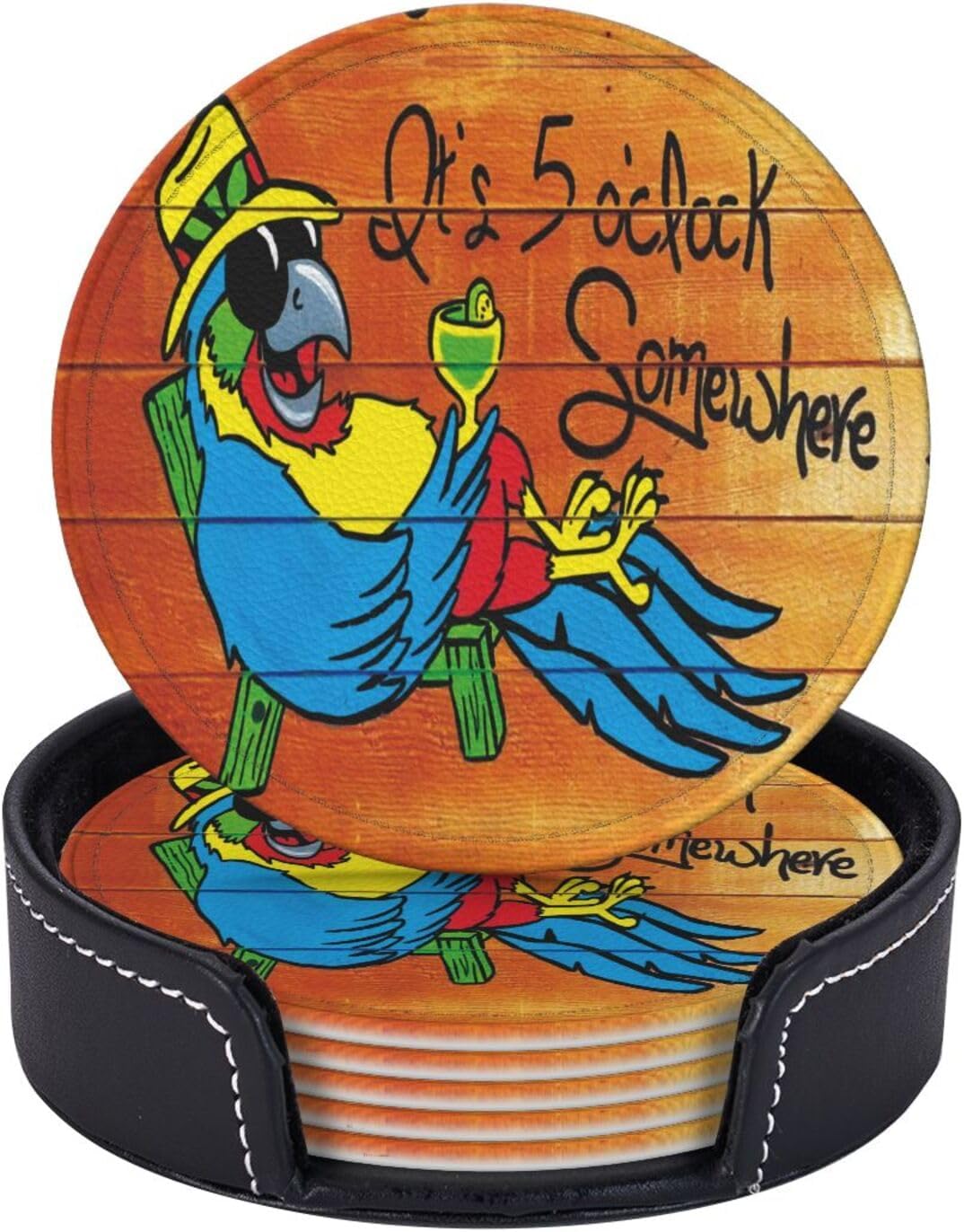 It&#x27;s 5 O&#x27;Clock Somewhere Coasters Set of 6 Pu Leather Drinks Coaster with Holder for Coffee Table Kitchen Table Bar Home &#x26; Office Gifts Decor, Colour1