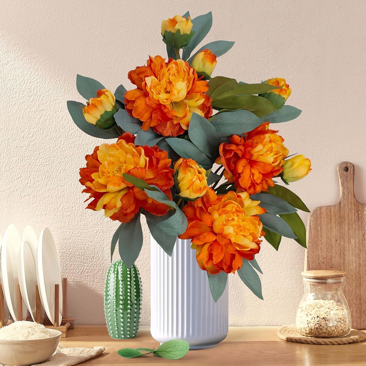 Sunset Peonies Artificial Flowers,4 Pcs Fake Silk Peonies with Stems Real Look,Peony Bush for Home Decor