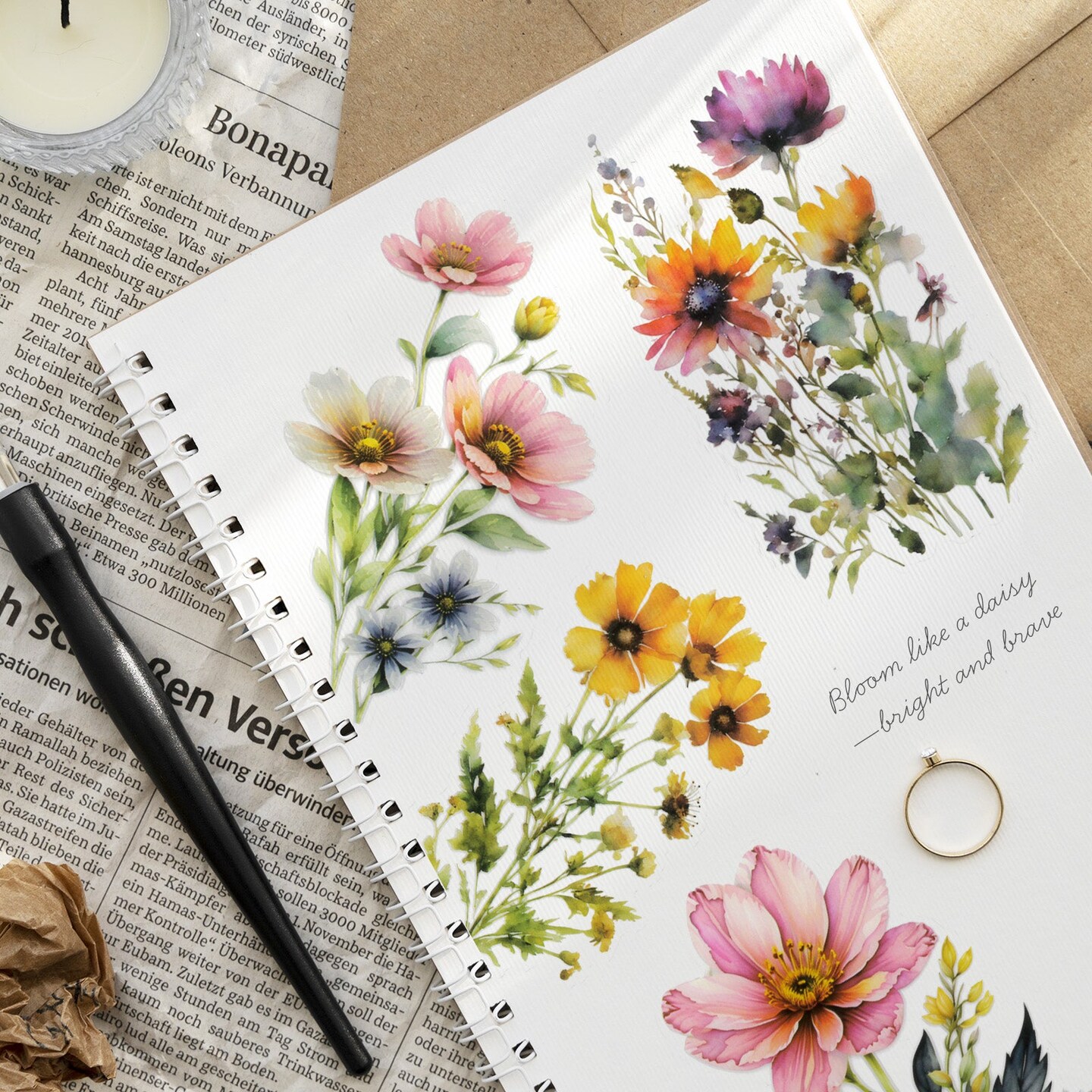 Wrapables PET Floral Daisy Stickers for Scrapbooking, Stationery, Journaling, Diary, Card Making, Water Bottles, Phones, Laptops (Set of 3)