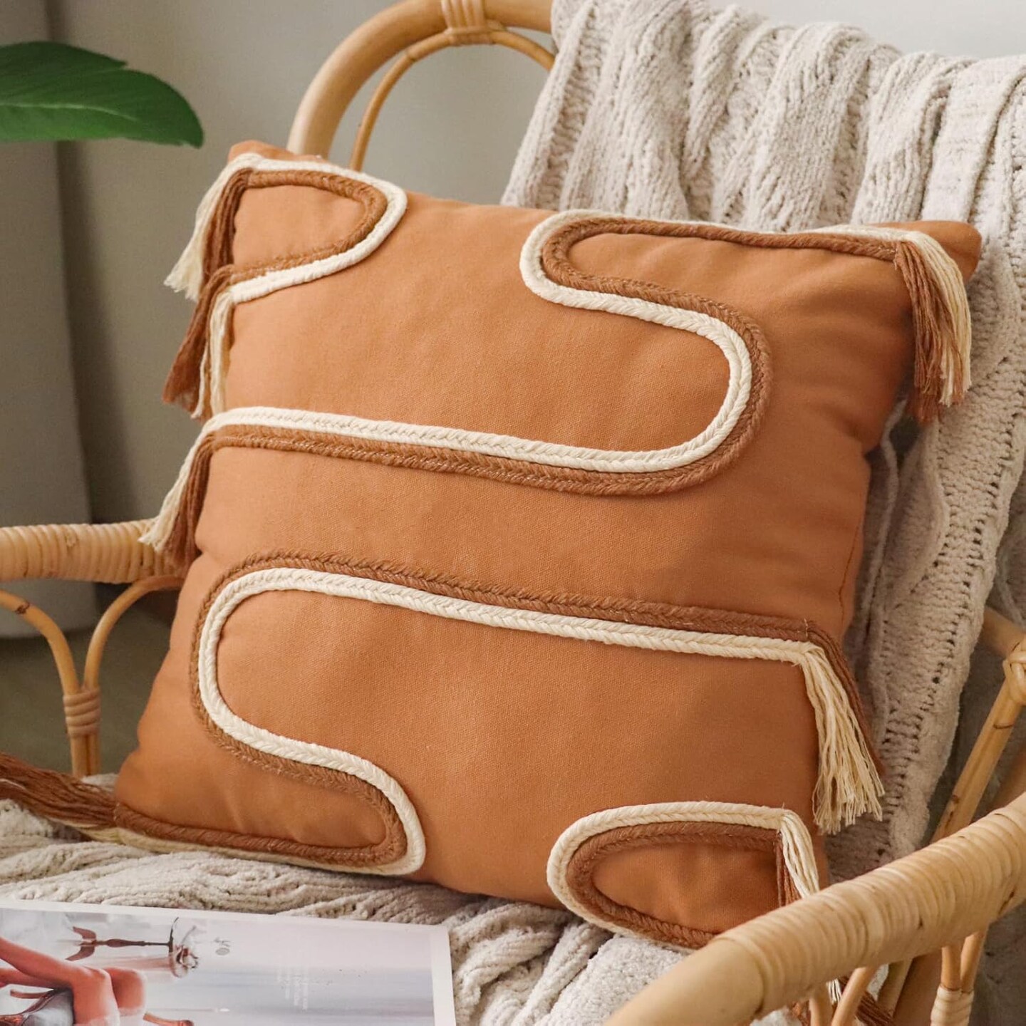Boho Throw Pillow Covers, Handmade Modern Farmhouse Decorative Fringe Orange Cushion Case (18&#x27;&#x27; x 18&#x27;&#x27;, Brown)