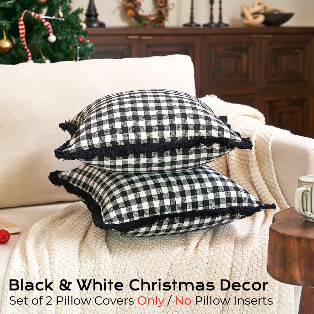 Black and White Christmas Decor Plaid Pillow Covers 18x18 Set of 2 with Tassels, Black Buffalo Plaid Christmas Pillows, Black Christmas Checkered Outdoor Winter Holiday Pillow Covers