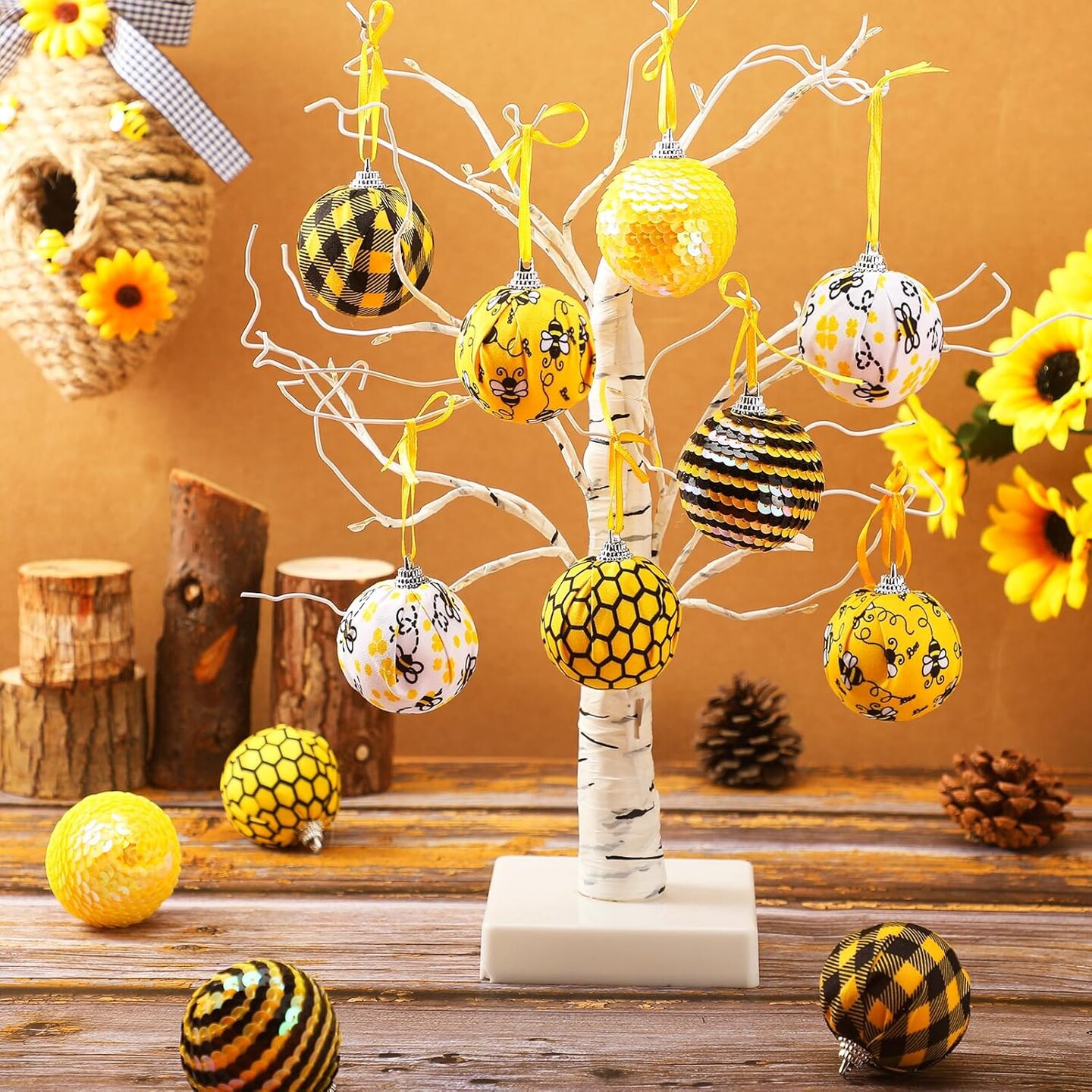 12 Pcs Bee Ornament for Tree Summer Party Decoration Bee Themed Party Supplies Ball Ornaments Tree Decoration