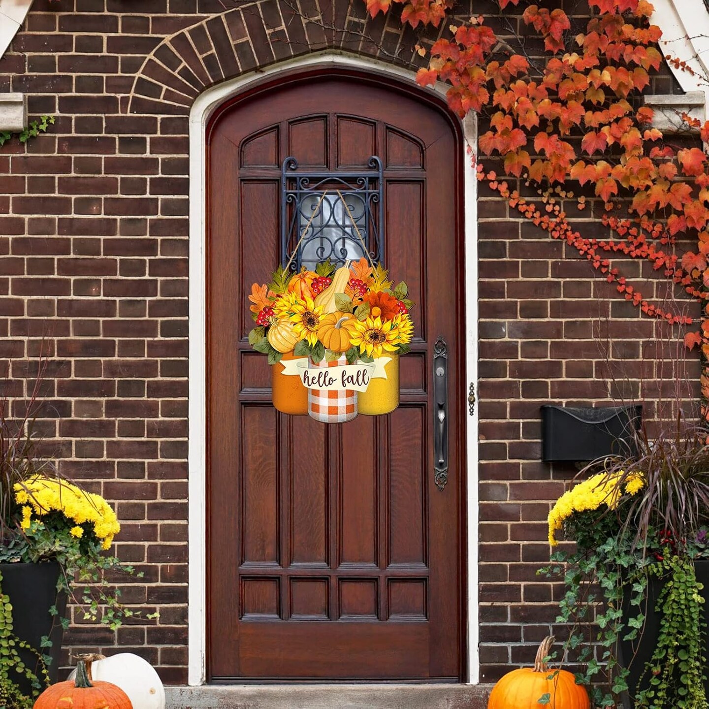 Thanksgiving Welcome Sign Fall Wall Art Wood Autumn Maple Door Decor Sunflower Flowers Fall Front Wreath for Front Door Decoration (Maple Style)