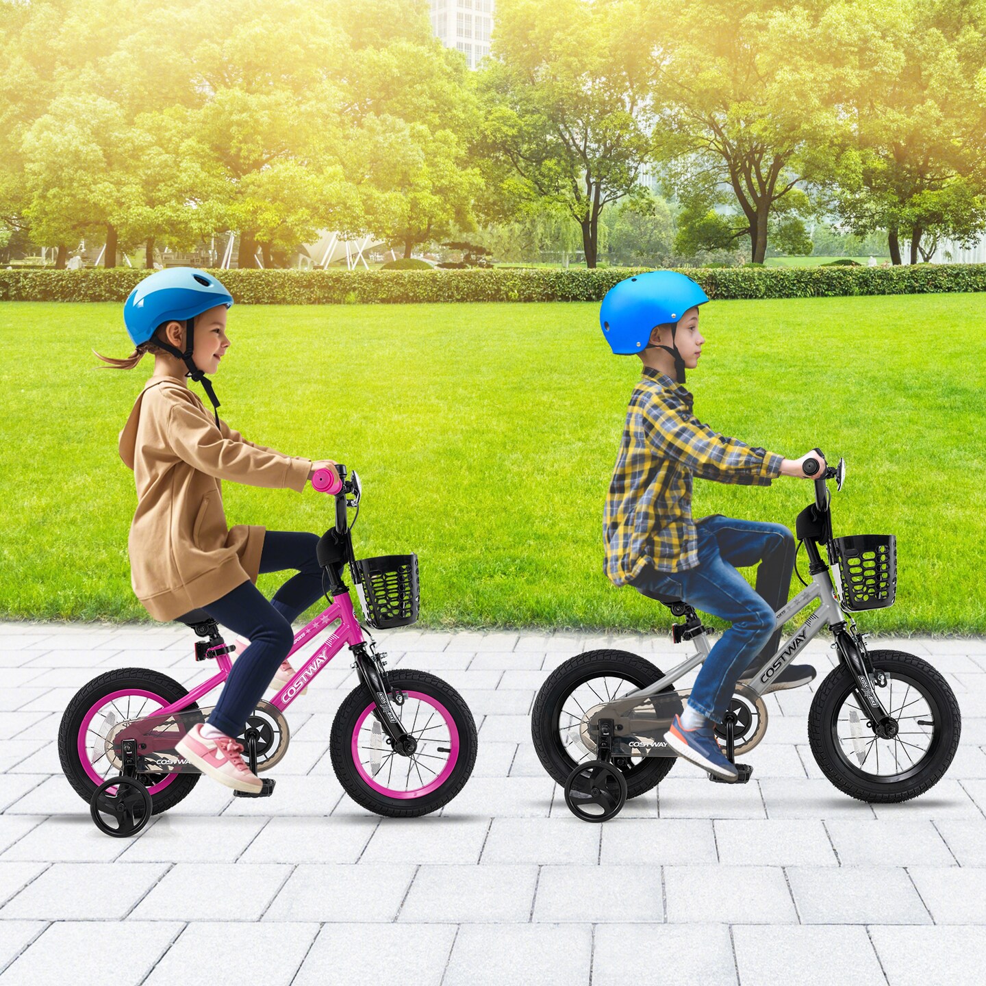 Children’s Bike with Training Wheels and Enclosed Chain Guard, Hand Brake Basket Reflectors
