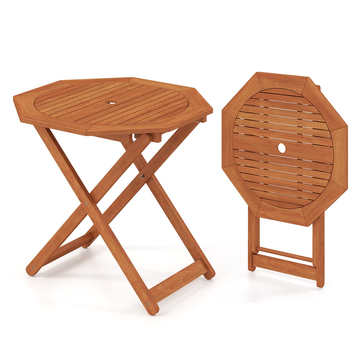 Space-Saving Solid Shorea Wood Foldable Patio Table with Umbrella Hole and Octagon Shape Seats Four People