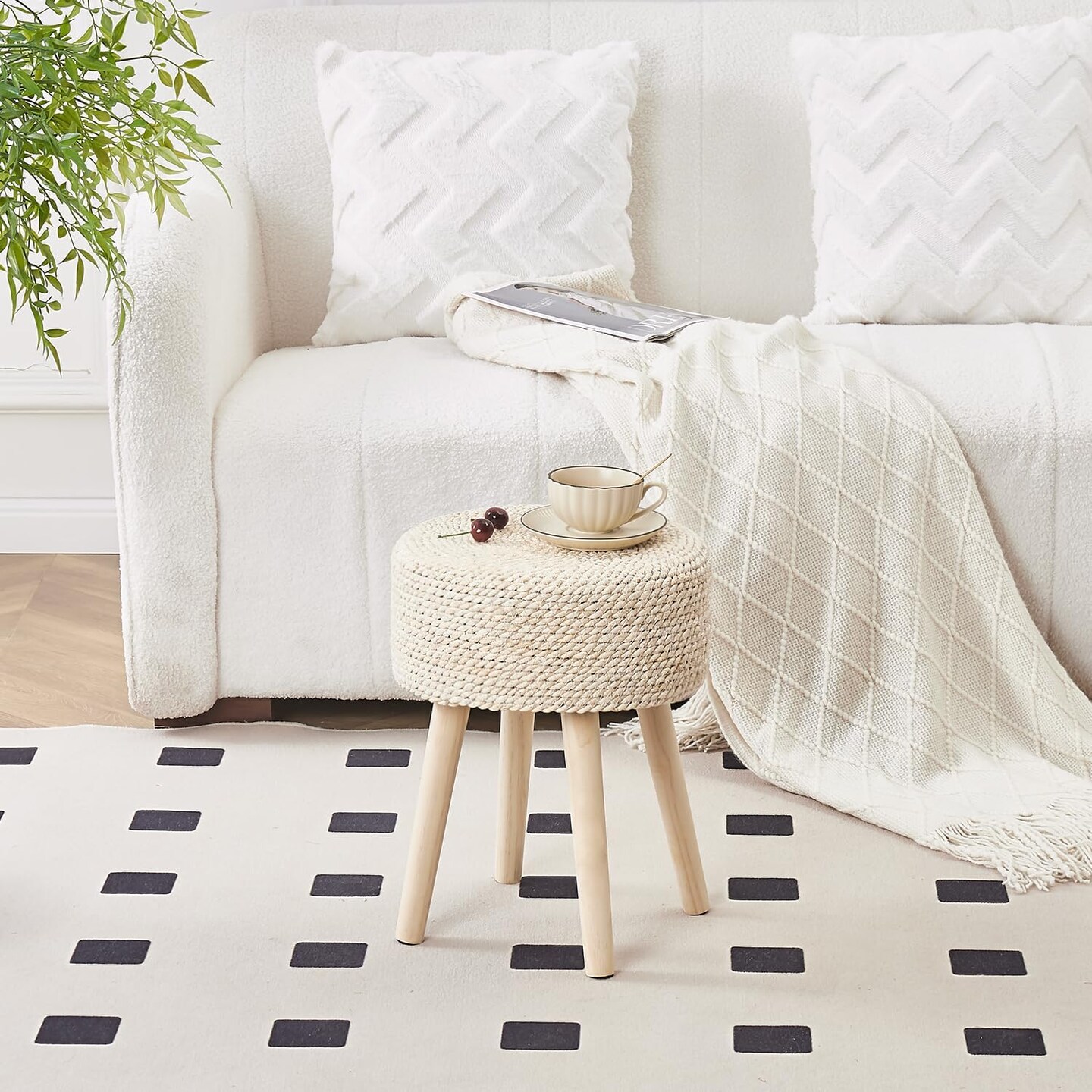 Foot Stool Pouf Ottomans with Solid Wood Legs Hand Weave Footrest Step Stool (13&#x22;D x 13&#x22;W x 16.3&#x22;H) (Natural)