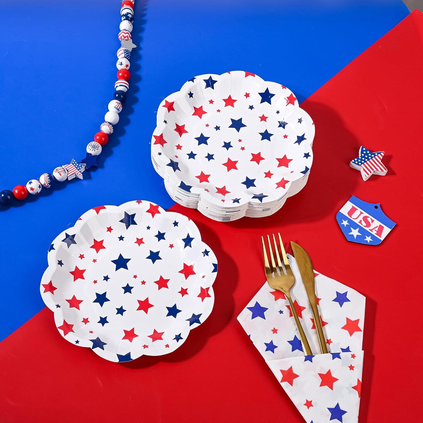 24Pcs Patriotic Star Paper Plates Red Blue Stars Disposable Party Plates 7" 4th of July Scalloped Small Dessert Plate for Independence Day Memorial USA Themed Party Supplies (24)