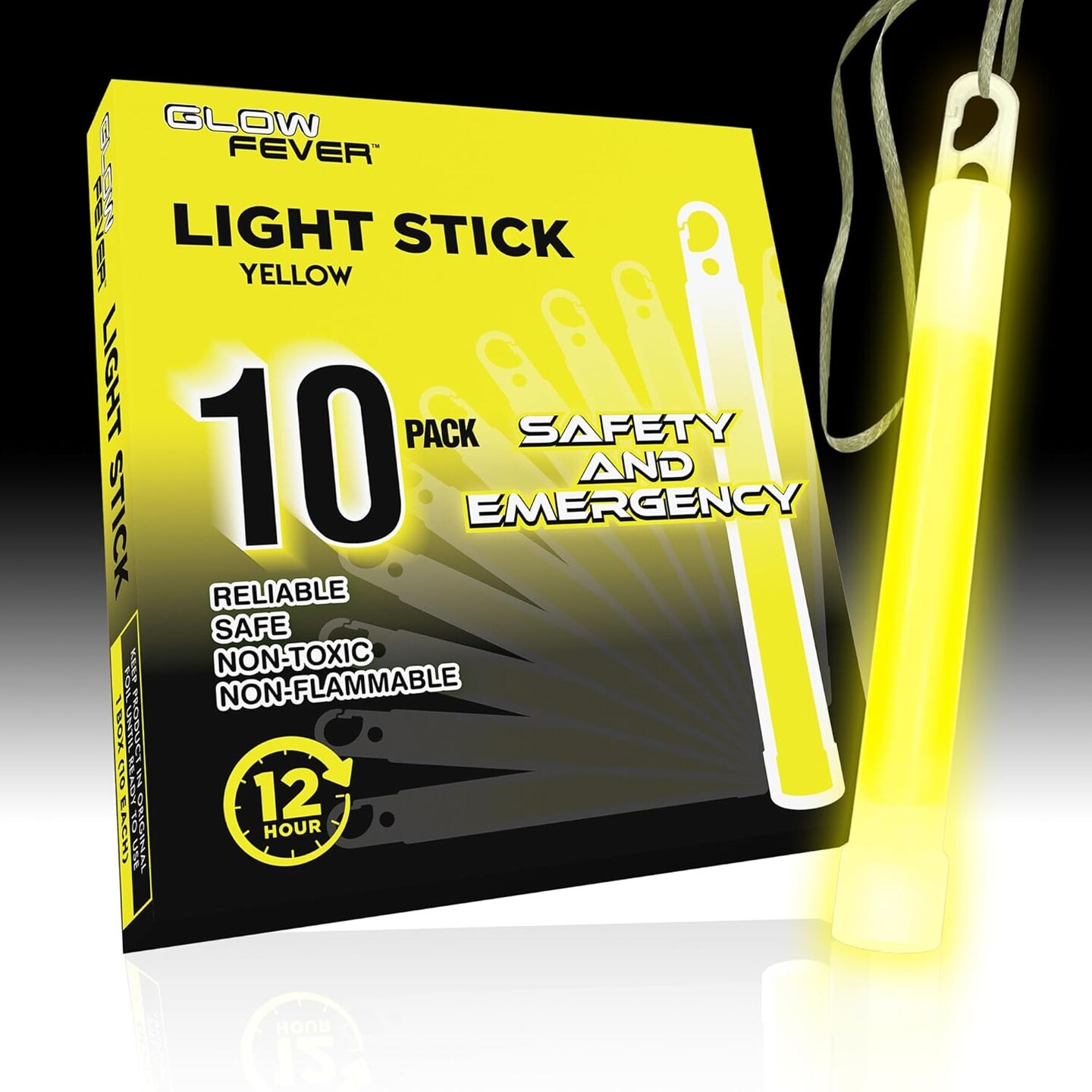 Glow Fever Emergency Safety Military Grade Glow Sticks, 10PCS, 6&#x22; Ultra Bright Light Sticks with 12 Hours Duration. Great for Hiking, Party, Camping, Blackouts, Hurricane and Survival Kits (Yellow)