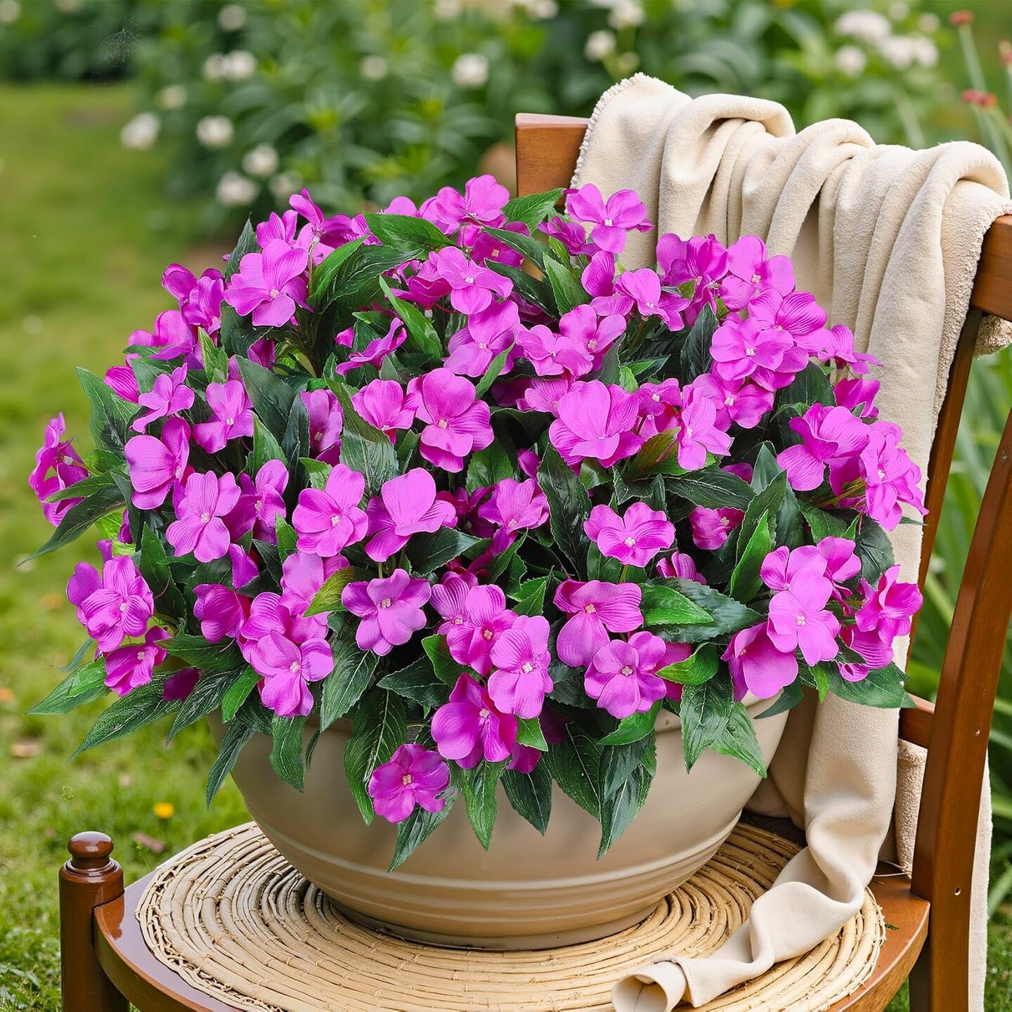 6-Bundle Artificial Impatiens Flowers – UV-Resistant Silk Bouquets for Outdoor Garden, Porch, Window Boxes, Balcony, and Home Decor (Fuchsia)