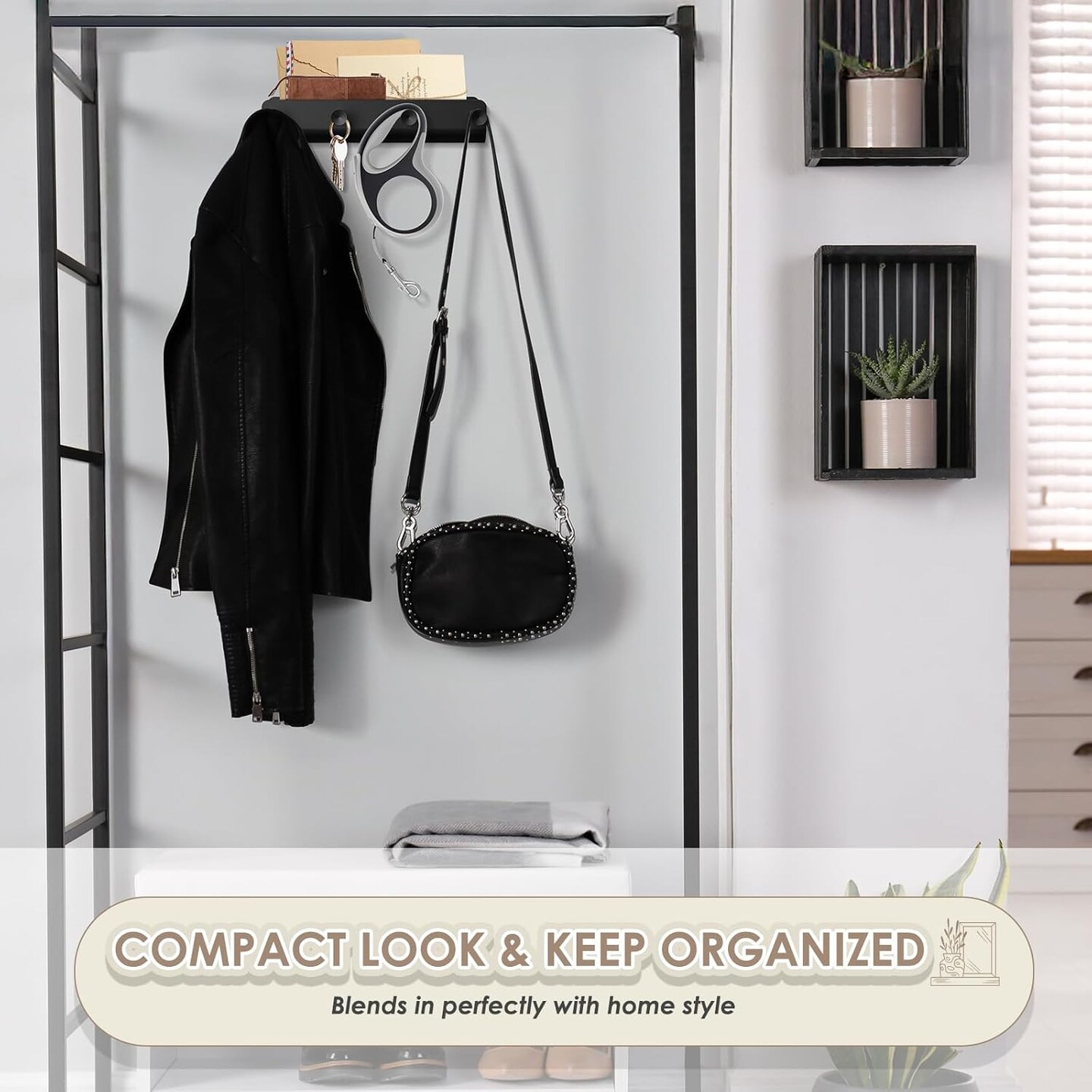 Key Holder Wall Mount, Black Metal Key Rack with Tray Narrow Key Holder with Shelf Key Organizer Wall Key Hanger with 4 Key Hooks for Entryway Doorway Hallway Camper Small