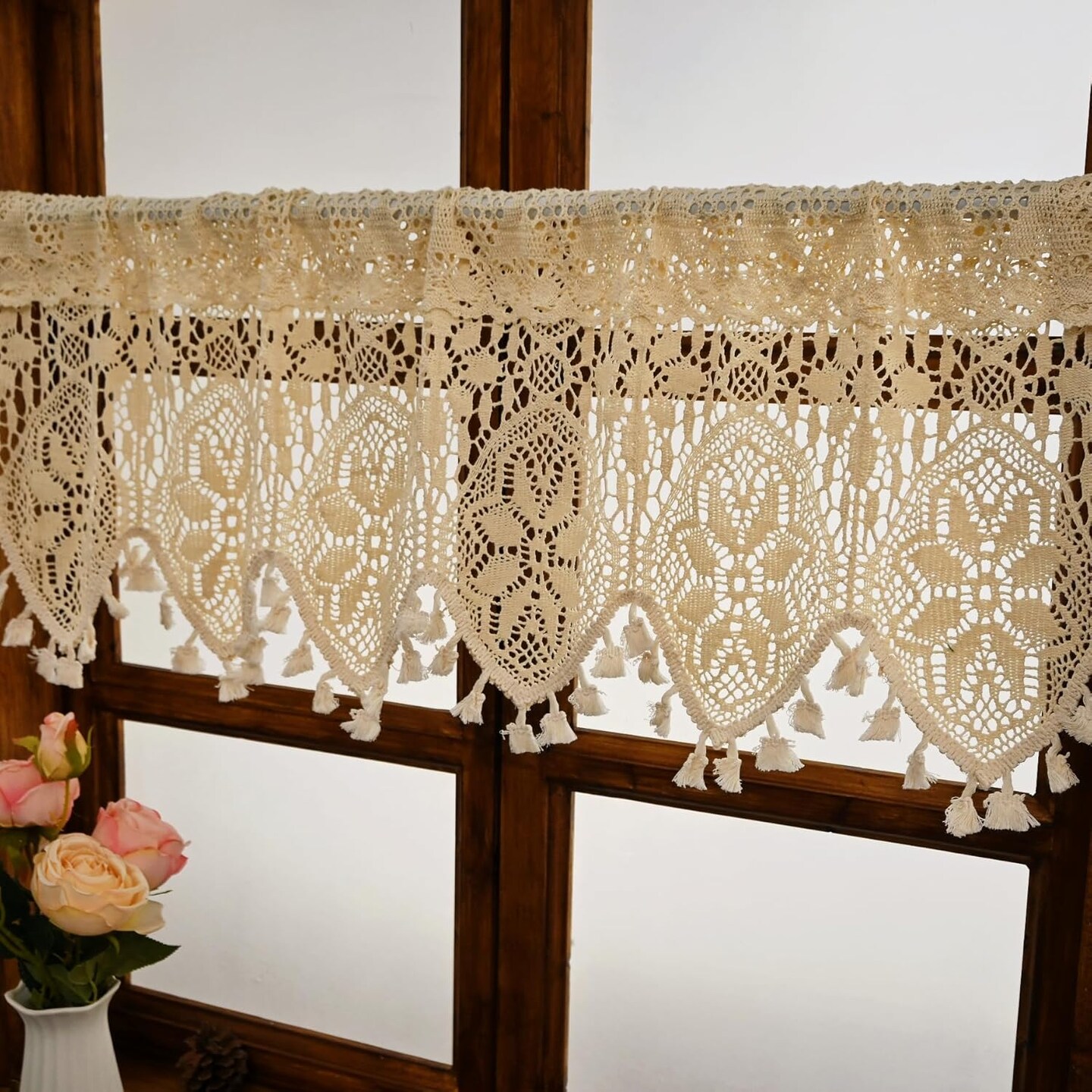 Retro Crochet Curtain Valance for Kitchen Window - 35&#x22;W x 15&#x22;L (Pack of 1) (Beige)