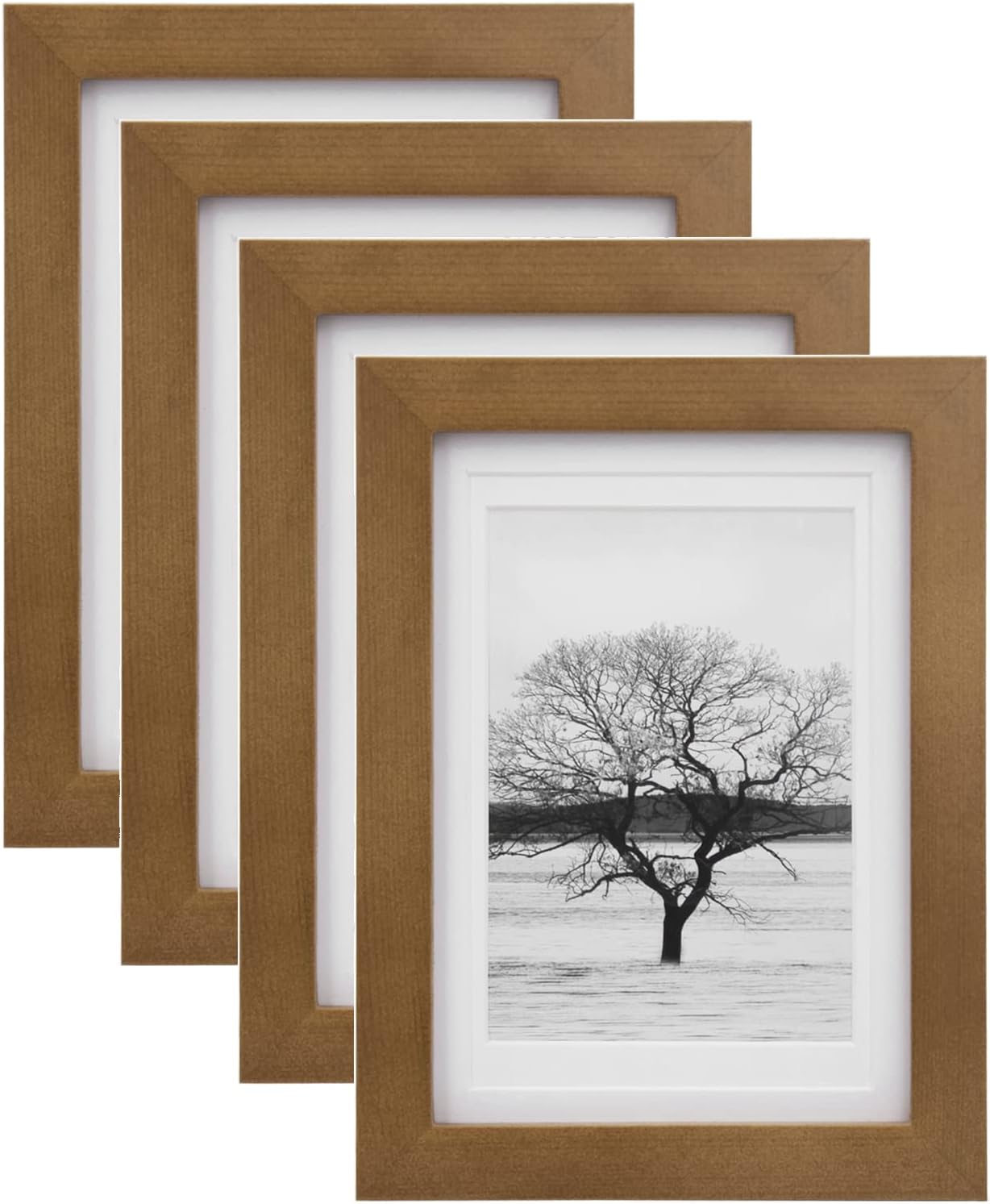5x7 Picture Frames set 4 Pack Made of Solid Wood Covered by Plexiglass Matted for 4x6 or 3.5x5 for Table Top Display and Wall Mounting Photo Frame, Light Brown