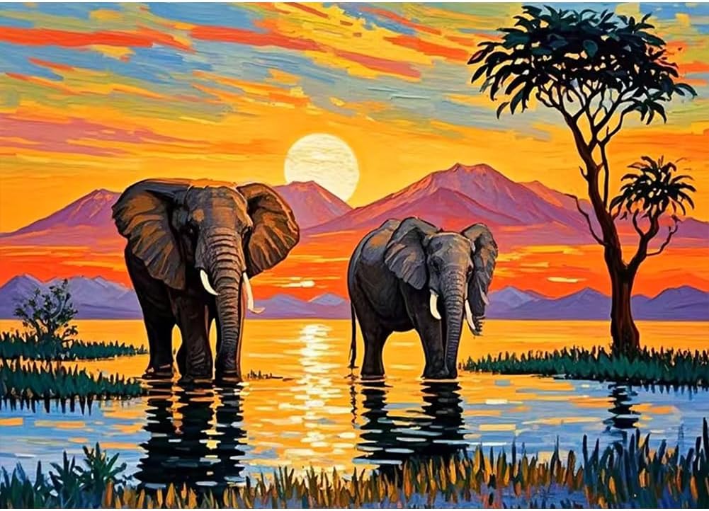 Landscape Scenery Diamond Art Painting Kits for Adults: Elephant Diamond Art Painting Sunset DIY 5d Diamond Art Kit Full Drill for Wall Decor