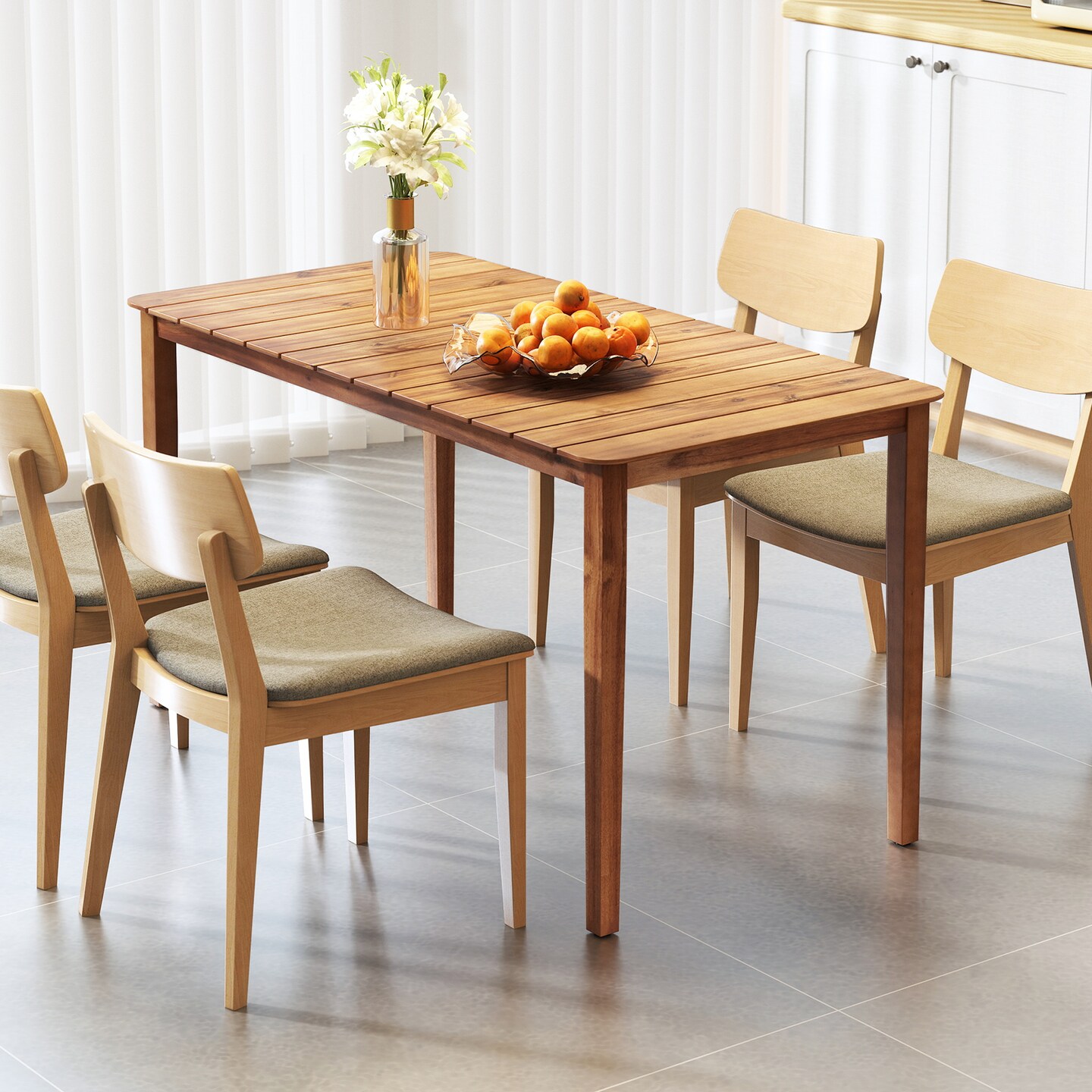 Outdoor Dining Table for 6 Natural Acacia Wood Patio Table with Slatted Top and Adjustable Feet