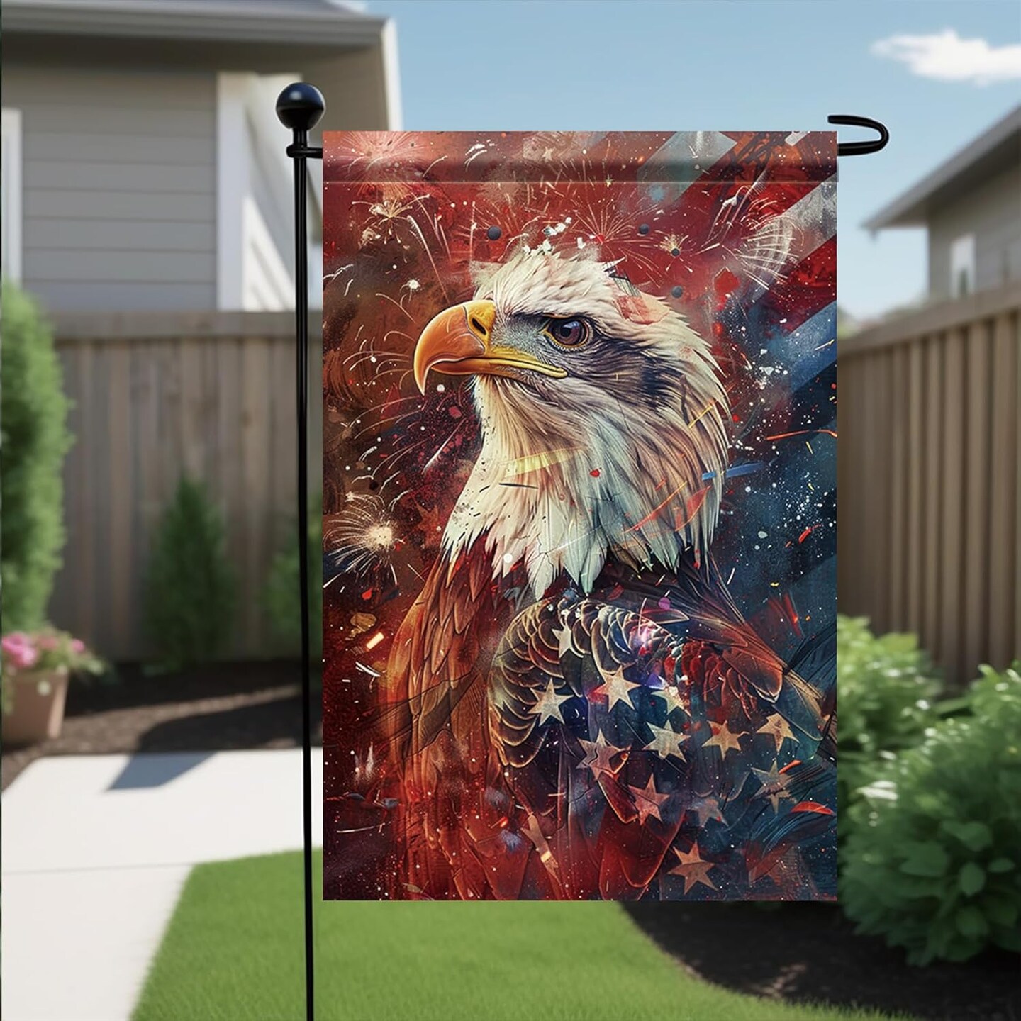 Patriotic Bald Eagle Garden Flag 12x18 Inch American Flag Fireworks Yard Banner Double-Sided Outdoor Décor Independence Day Memorial Day Veterans Day USA Flag Decorative Garden Sign