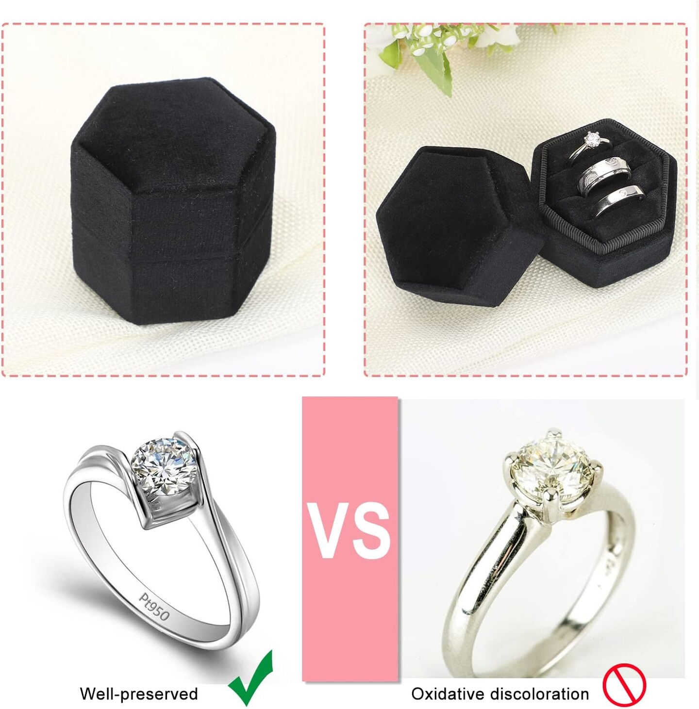 Velvet Jewelry Ring Storage Box, 3 Slots Hexagon Ring Gift Box Vintage Ring Display Holder Case for Wedding Ceremony Proposal Engagement (Black, 3 Slots)