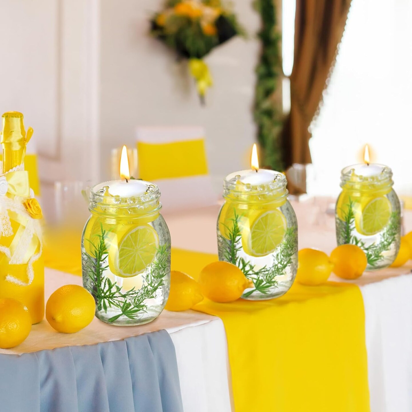 98 Pcs Lemon Vase Fillers with Floating Candles Kit 60 Artificial Lemon Slices 12 Floating Candles 24 Artificial Rosemary 2 Bags Water Gels for Mason Jar Table Centerpiece3