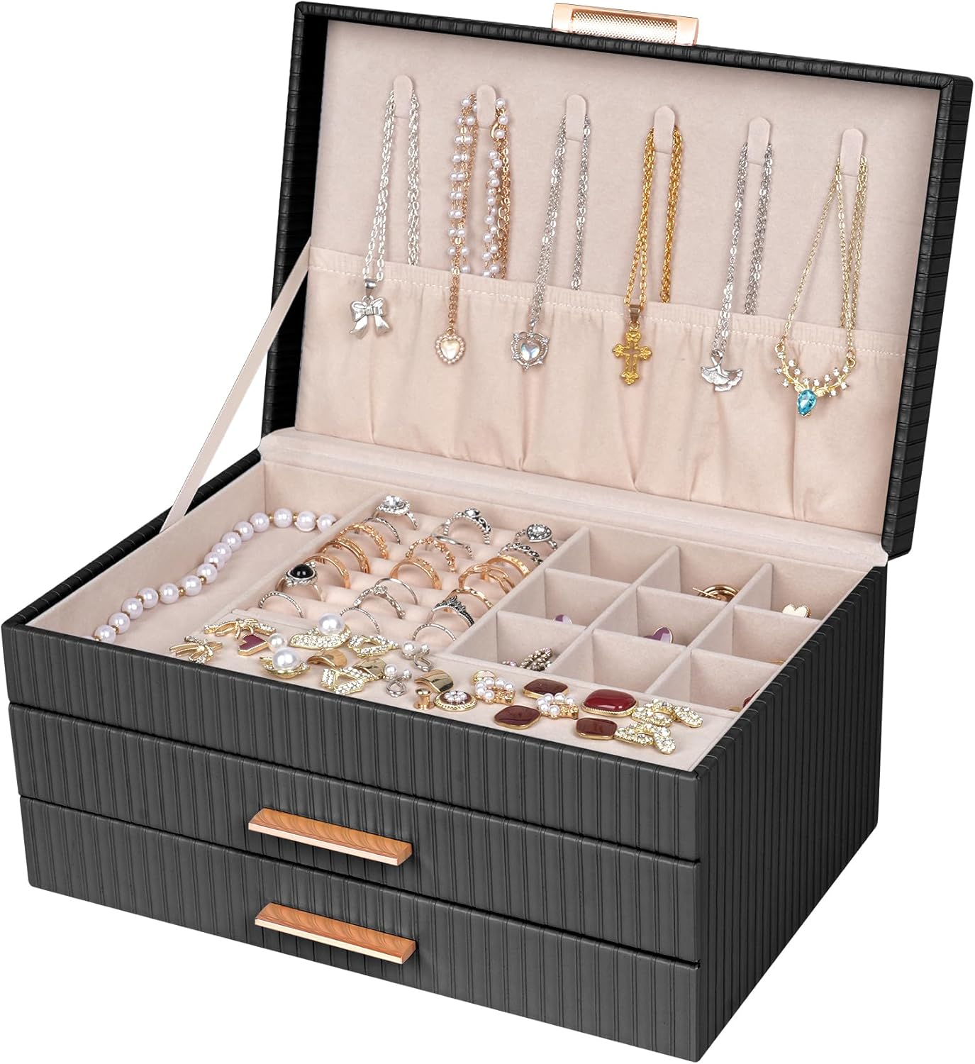 Elegant 2-Drawer Jewelry Box for Women – Large PU Leather Organizer for Necklaces, Rings, Earrings & Bracelets, Black & Gold Storage Case, Perfect Gift (Black)