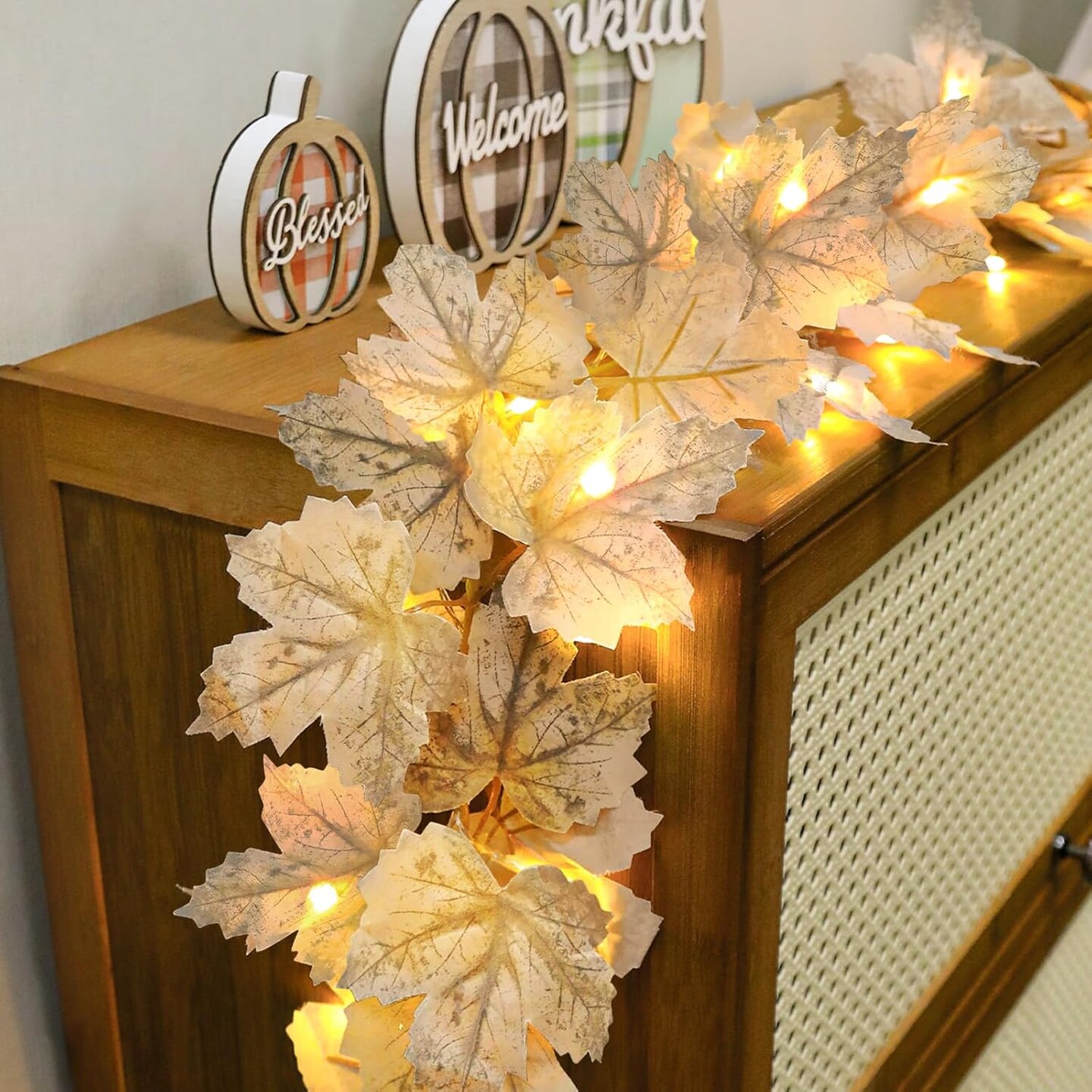 2 Pack Fall Decor Fall Garland with Lights Fall Decorations for Home, Lighted Maples Leaves Garland Total 13Ft 40LED Battery Operated Autumn Harvest Halloween Thanksgiving Decor Indoor Outdoor