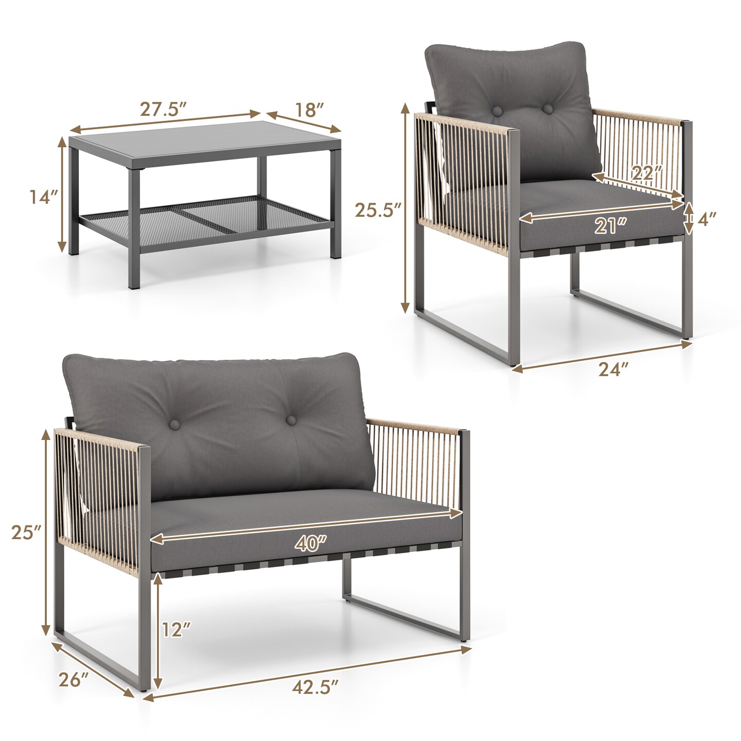 4-Piece Outdoor PE Rattan Patio Set Gray Cushioned Loveseat