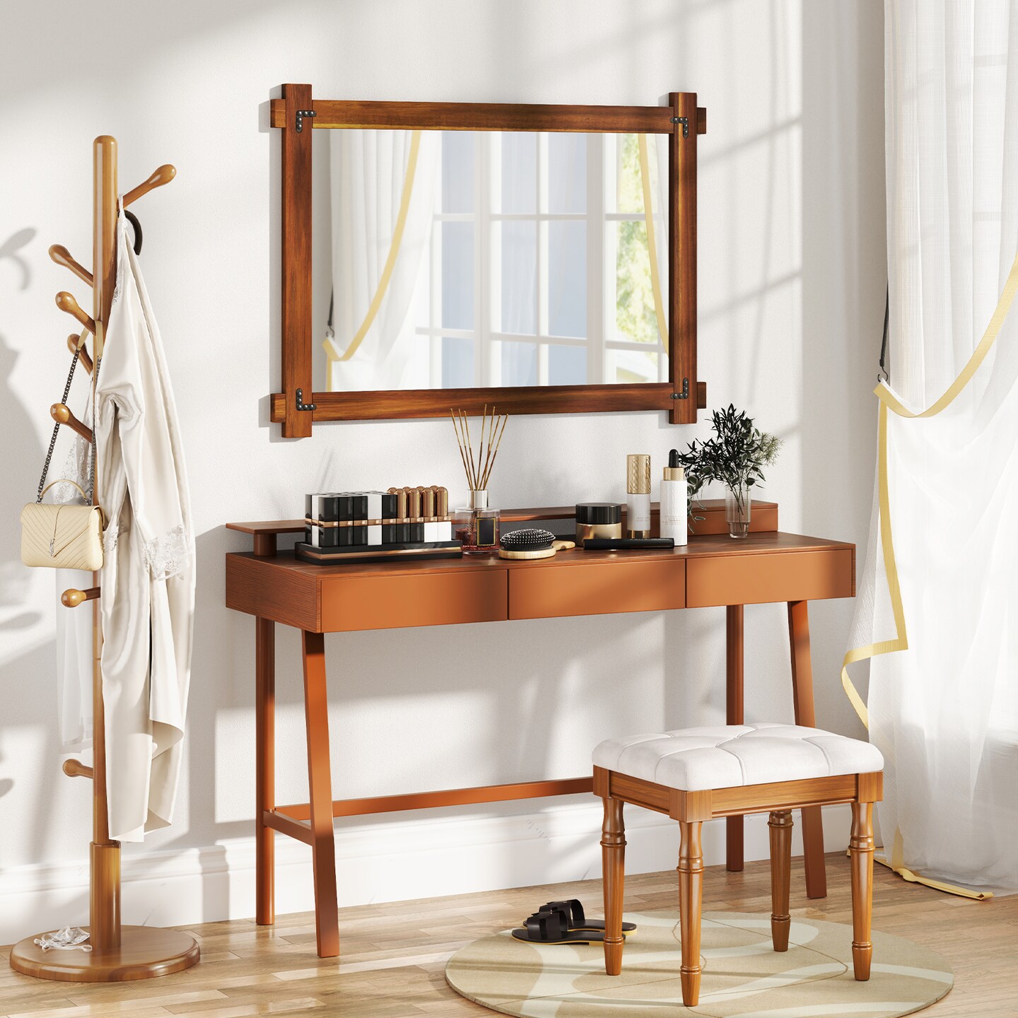 Decorative Acacia Wood Mirror with Rivet Design for Entryway and Living Room