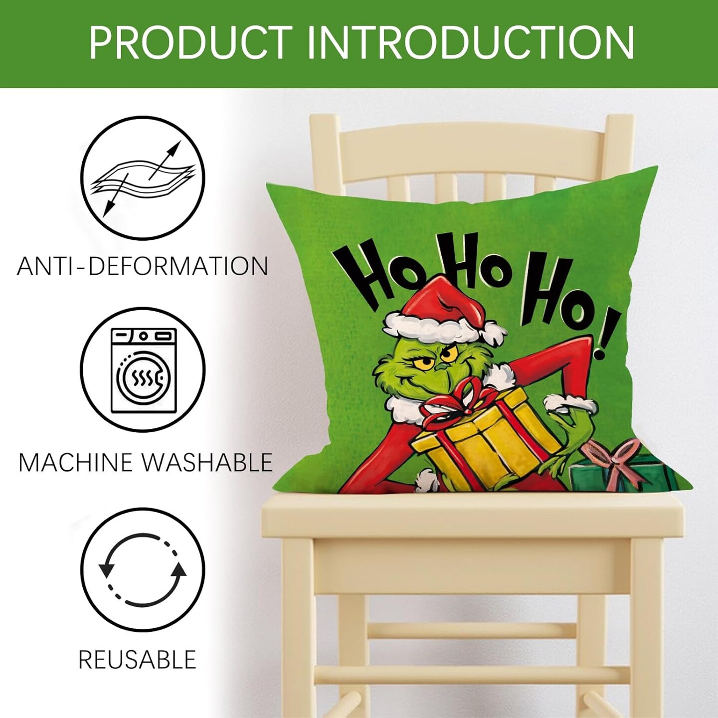 Merry Christmas Decorative Throw Pillow Covers 18x18 Set of 4, Hohoho Xmas Gift Wreath Santa Hat Green Black Porch Outdoor Home Decor, Stink Stank Stunk Winter Holiday Decorations Cushion Case