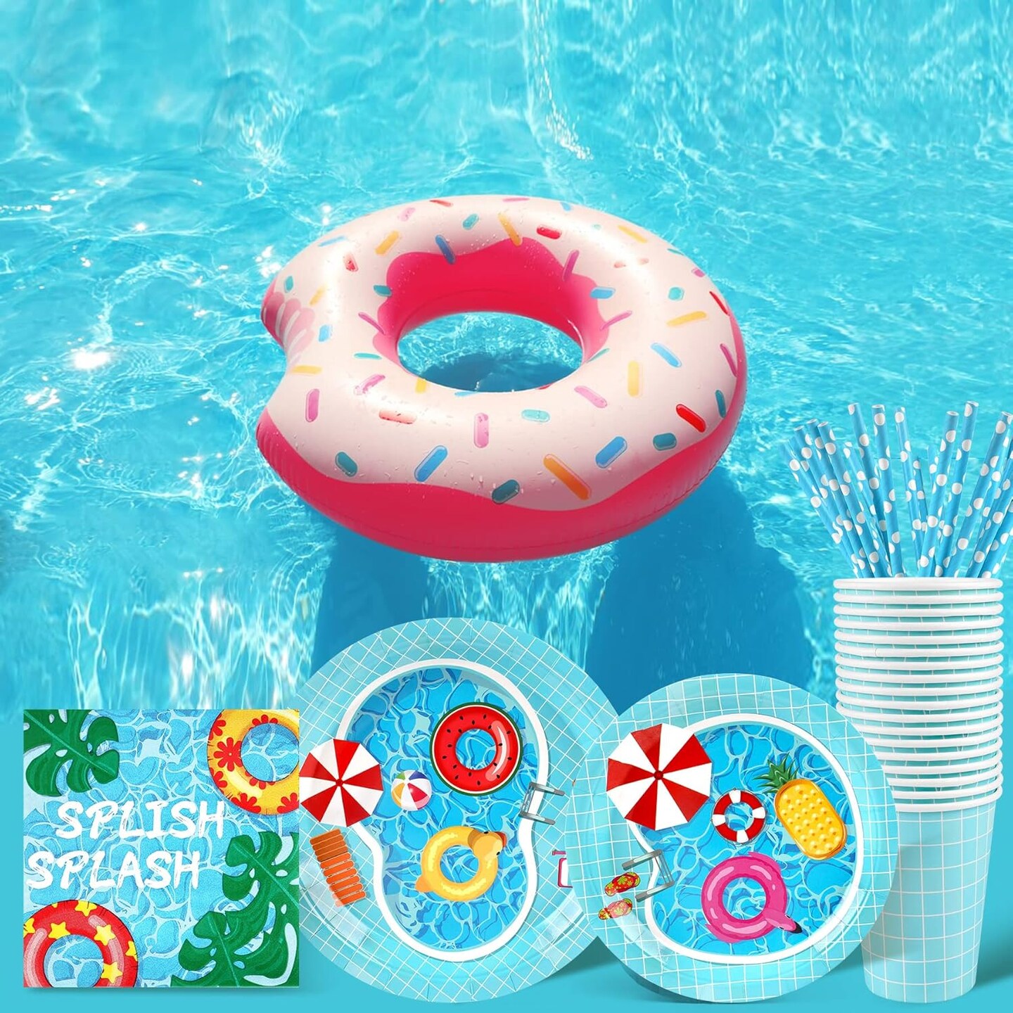 Pool Party Supplies Decorations, Disposable Summer Kids Birthday Paper Plates and Napkins Set
