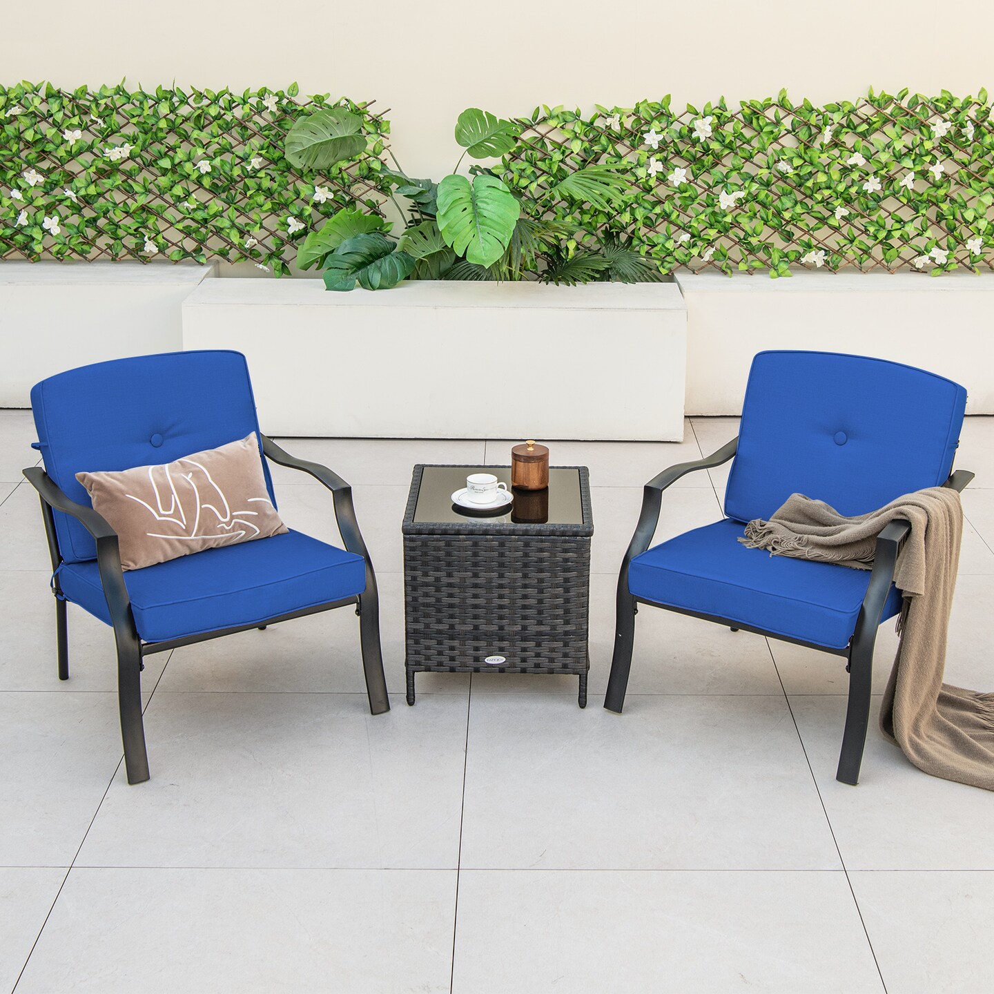 2-Piece Outdoor Patio Metal Chair Set with Cushions Black Frame, Gray Removable Cushions