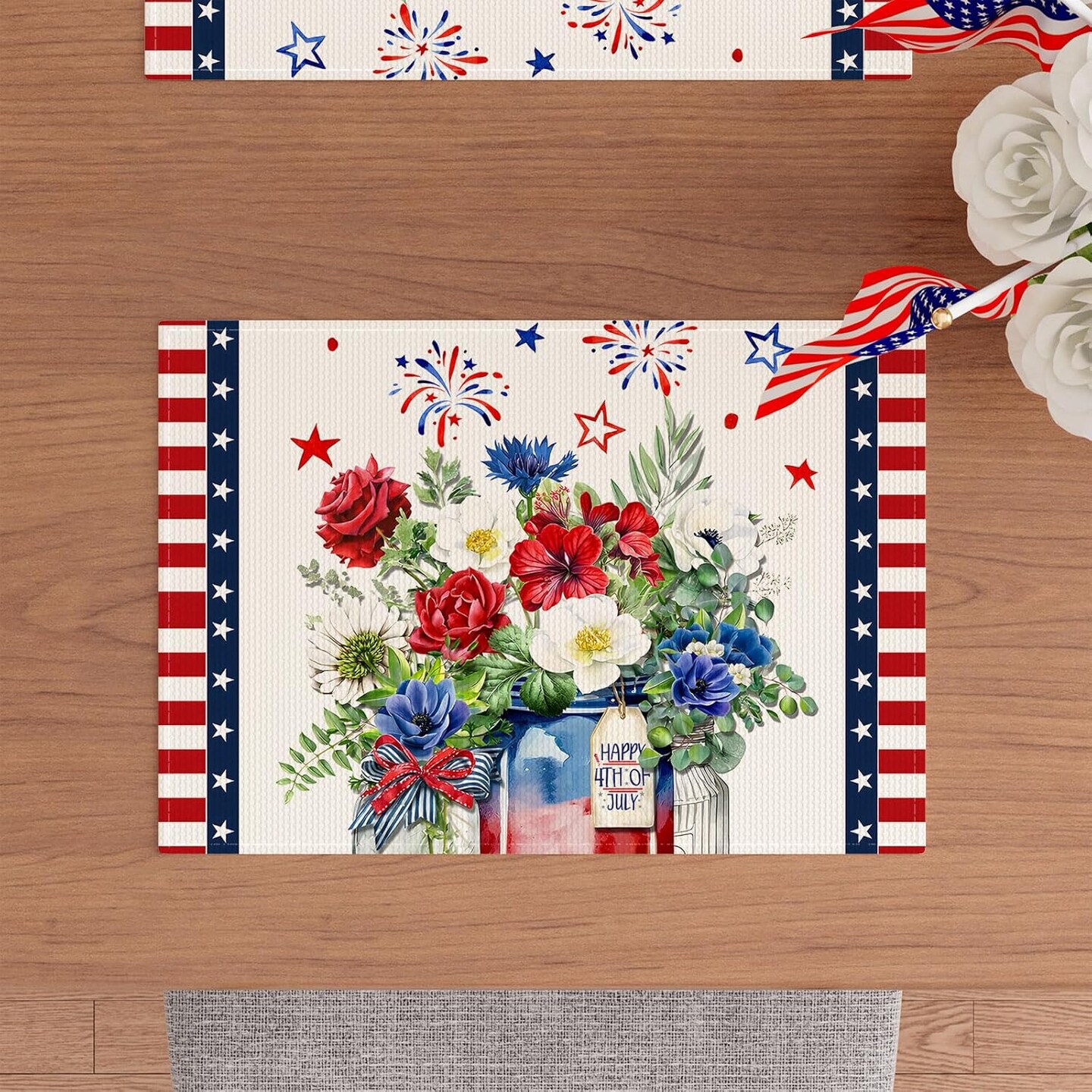 Stripes Colorful Flowers Vases Stars Fireworks Patriotic America 4th of July Memorial Day Independence Day Placemats Set of 4 Table Mats Decorations 12x18 Inch