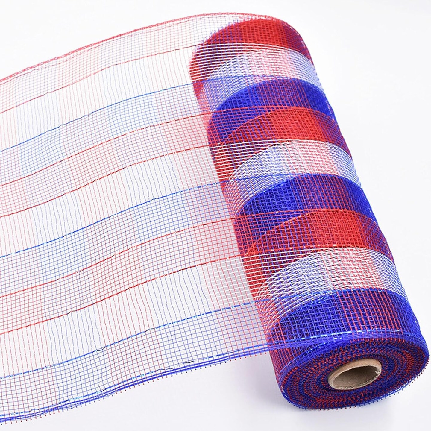 4 Rolls Deco Mesh Ribbon for 4th of July Wreath Making Supplies, 10Inch x 30Ft Metallic Burlap Mesh Red White Blue Deco Mesh Rolls for Independence Day