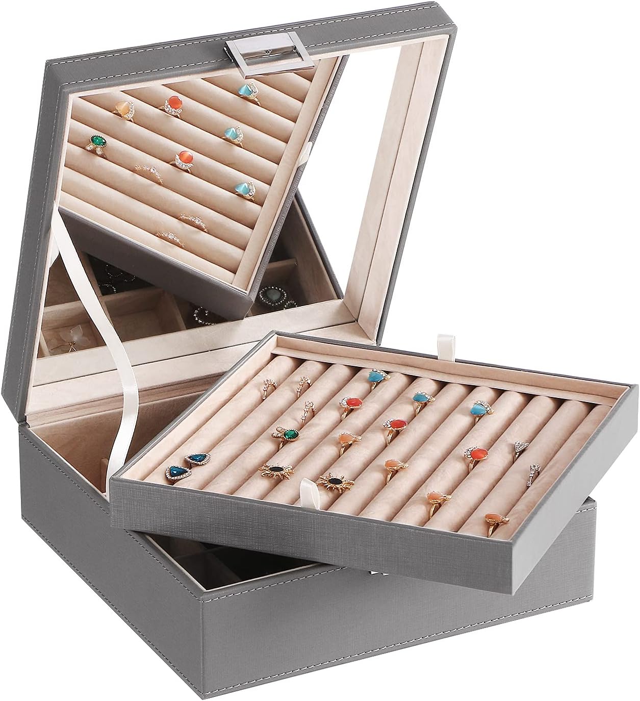 Ring Organizer and Earring Box Holder - 11 Ring Slots, 25 Earring Compartments, Large Mirror, 2 Layers - Jewelry Box Tray Cufflinks Storage for Girls Women Men, Grey SSH21H